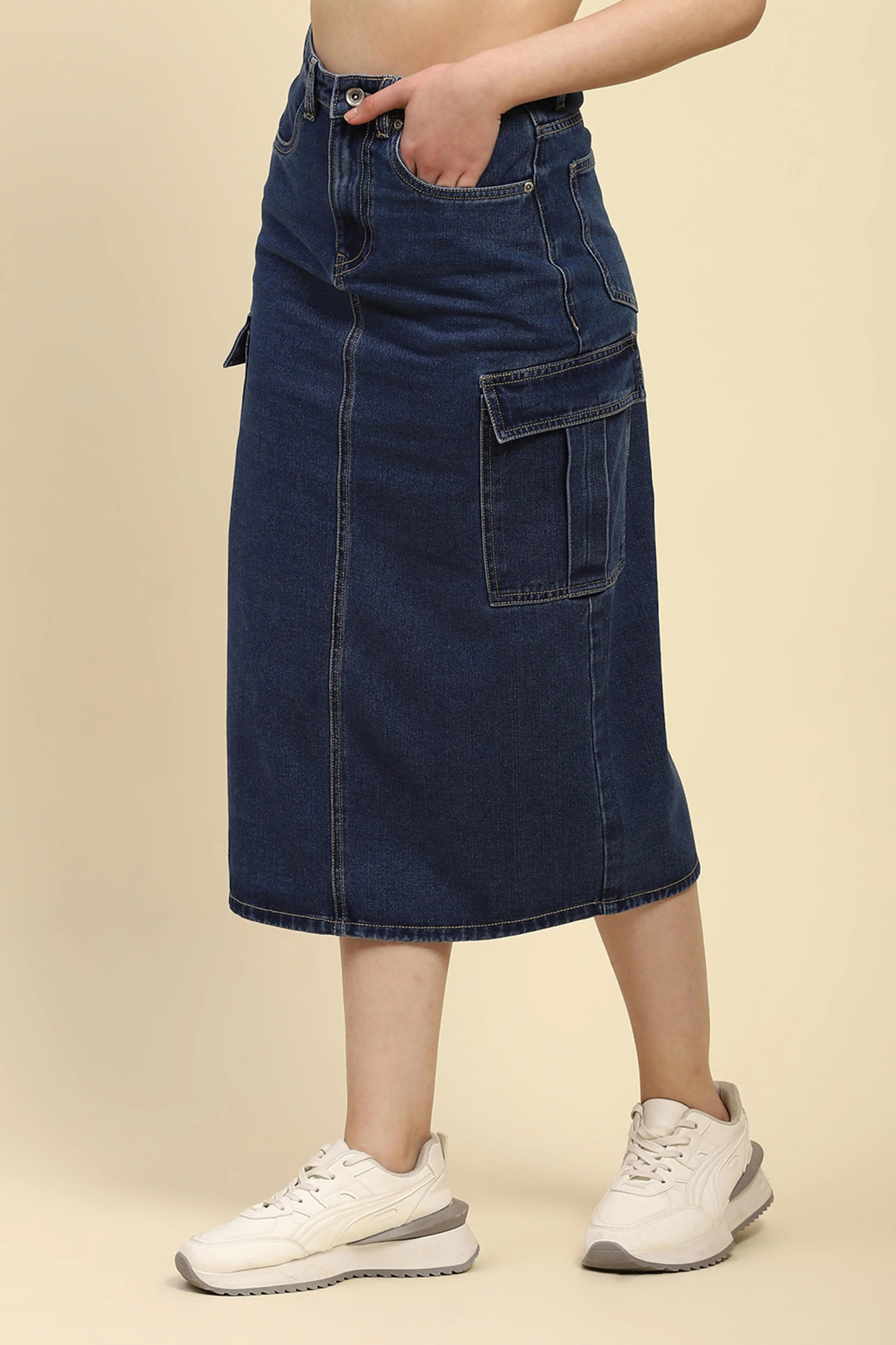 Blue Solid Cotton Blend Slim Fit Skirt - Global Republic