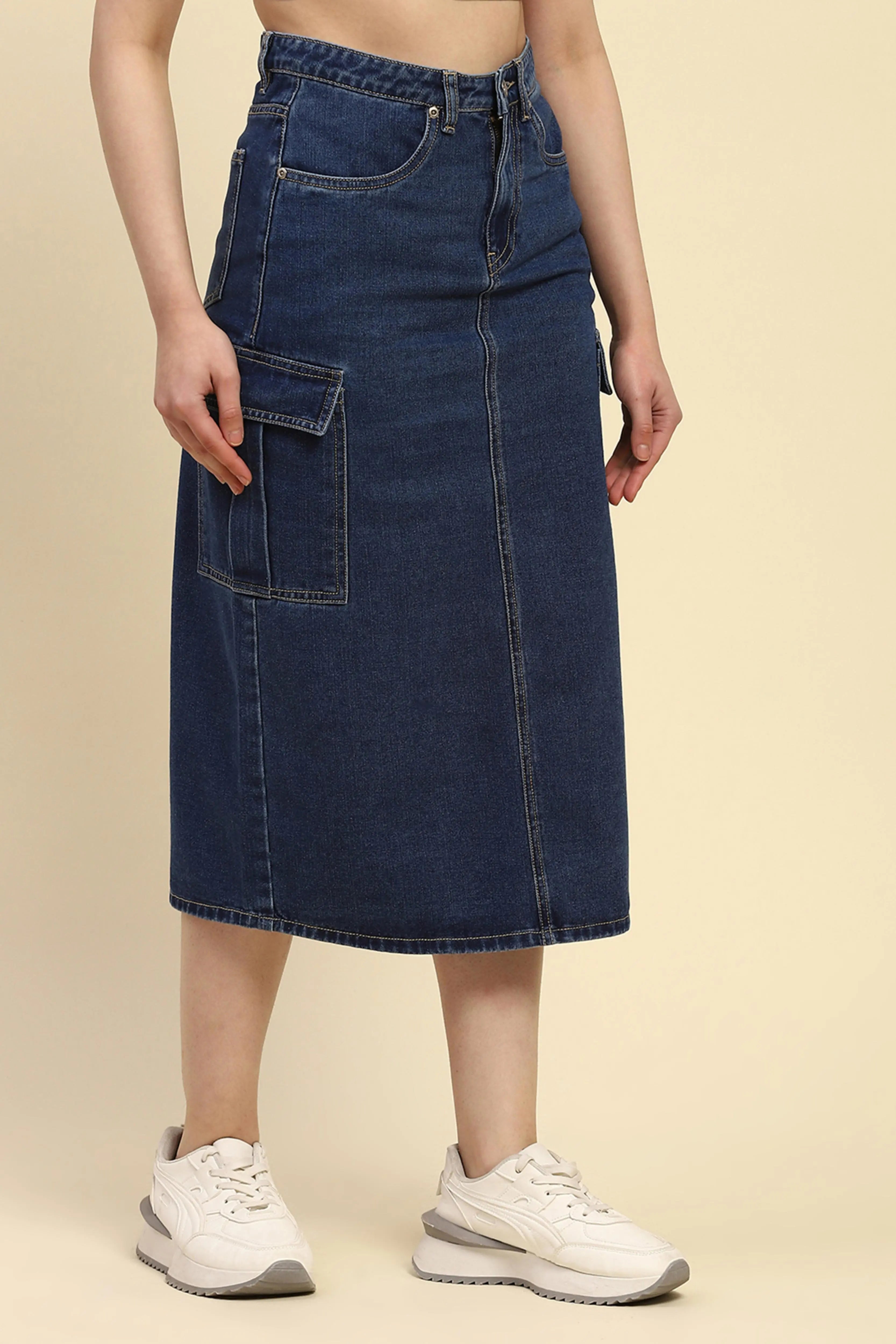 Blue Solid Cotton Blend Slim Fit Skirt - Global Republic