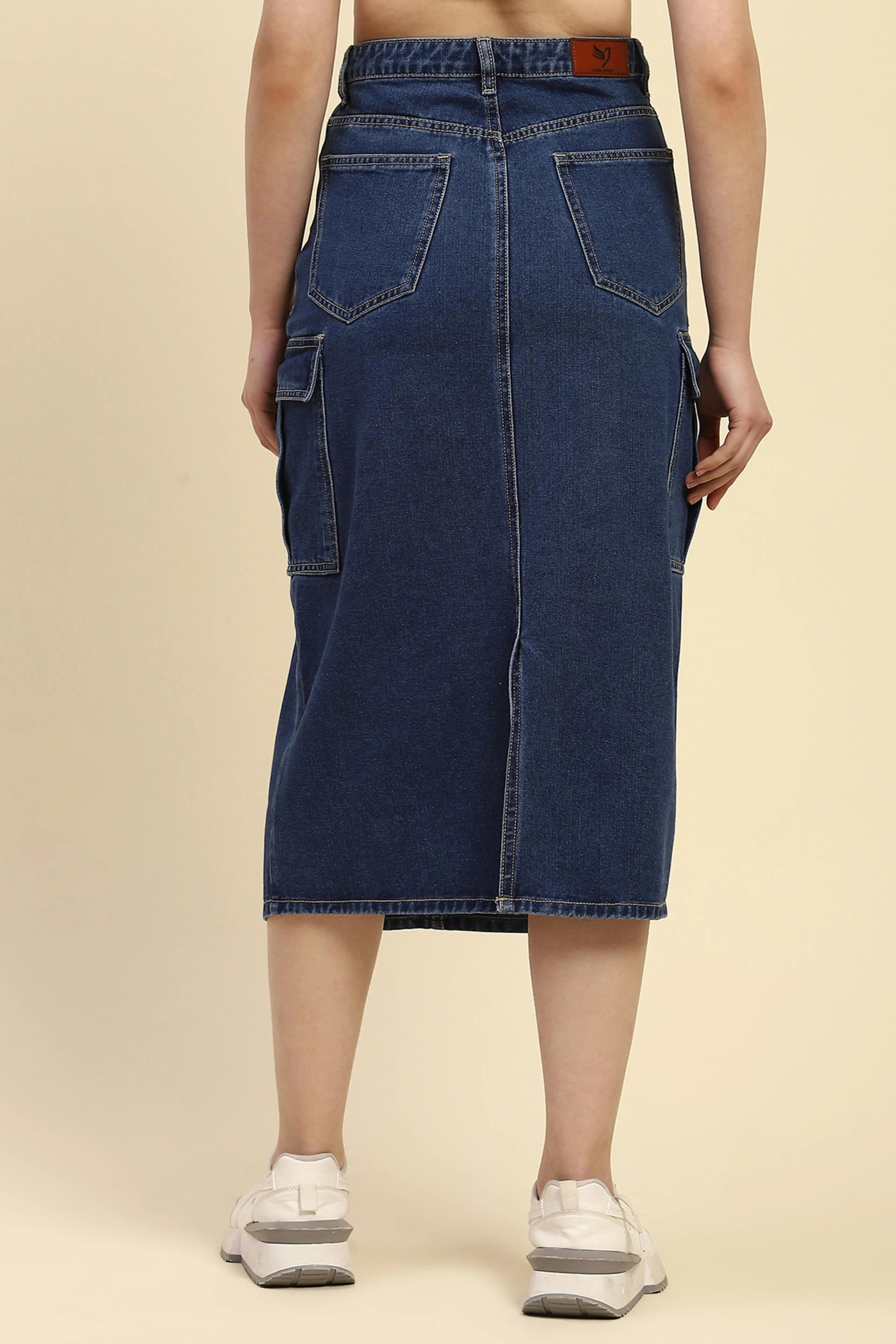 Blue Solid Cotton Blend Slim Fit Skirt - Global Republic
