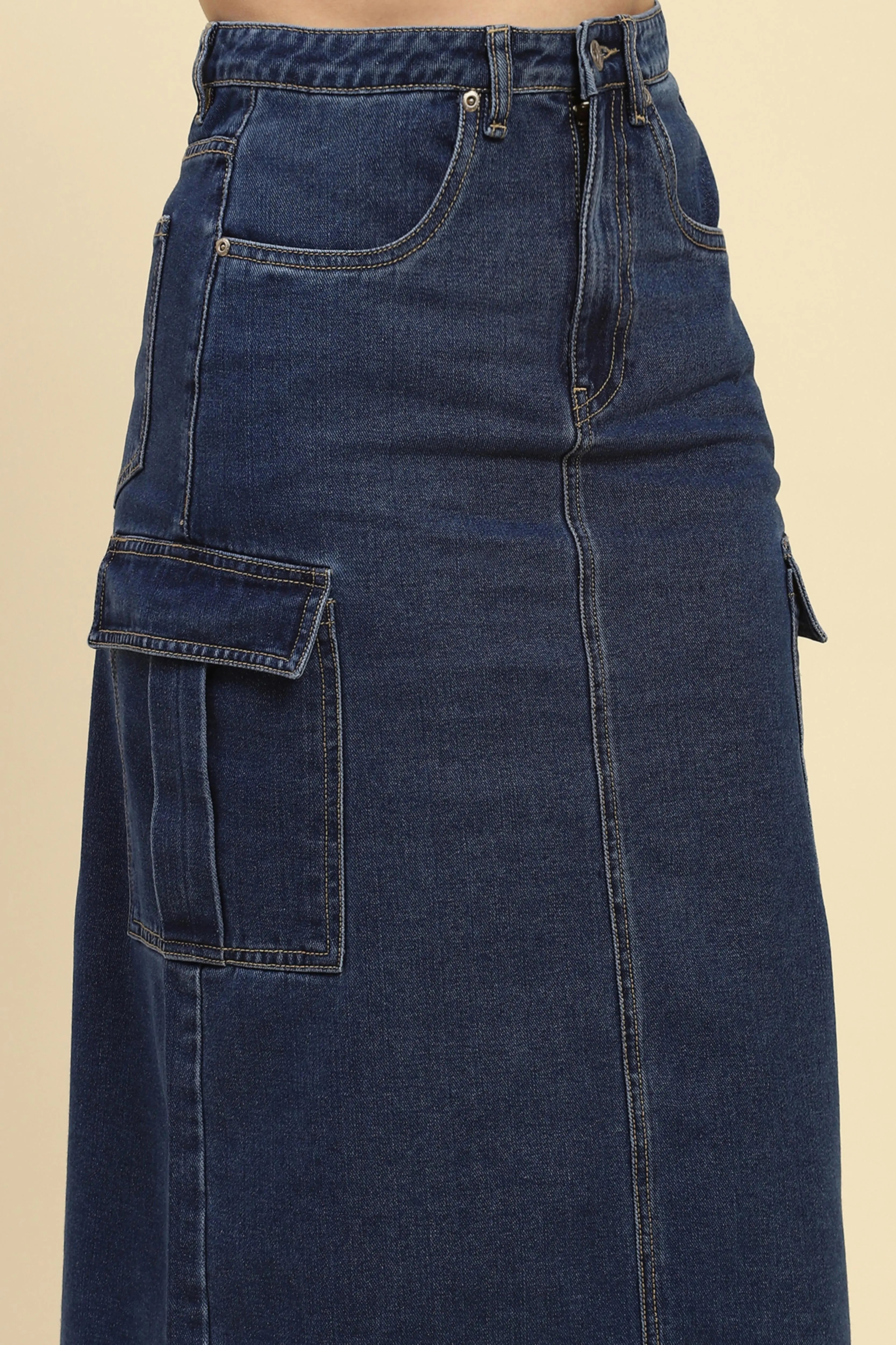 Blue Solid Cotton Blend Slim Fit Skirt - Global Republic