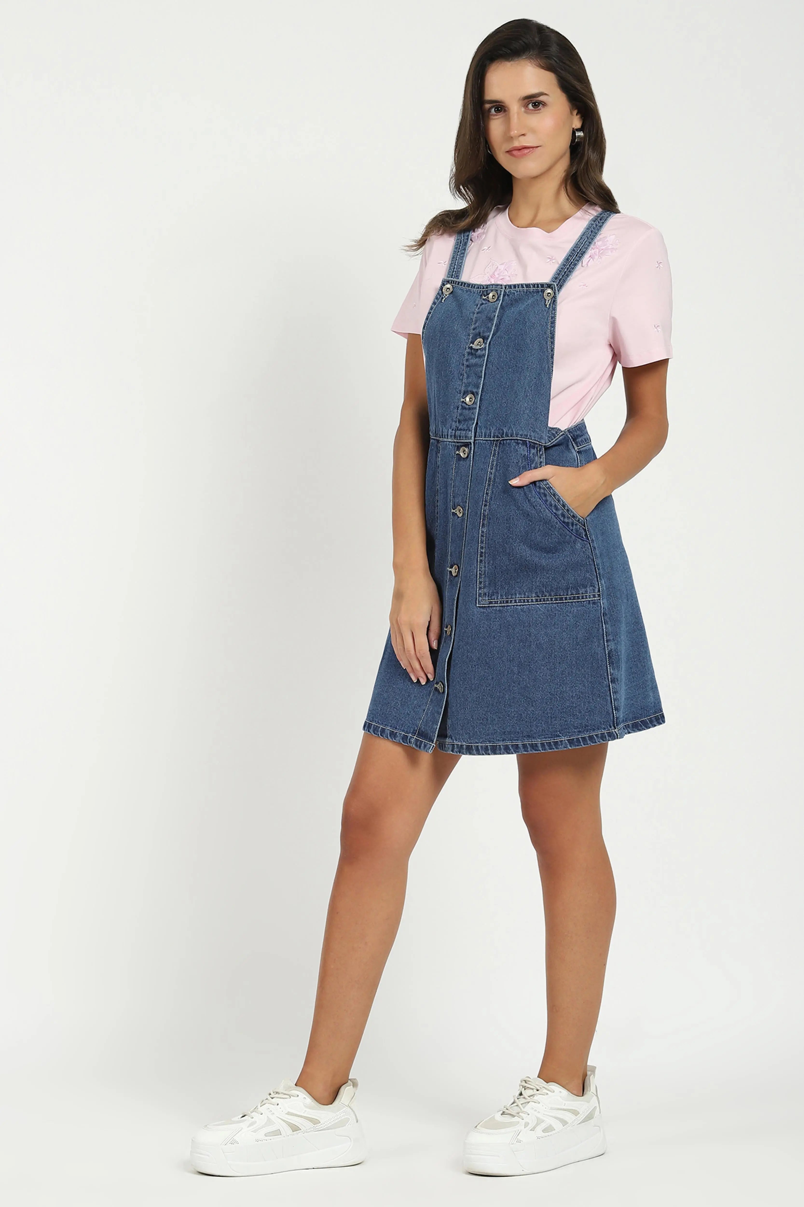 Blue Solid Cotton Blend Dungaree - Global Republic