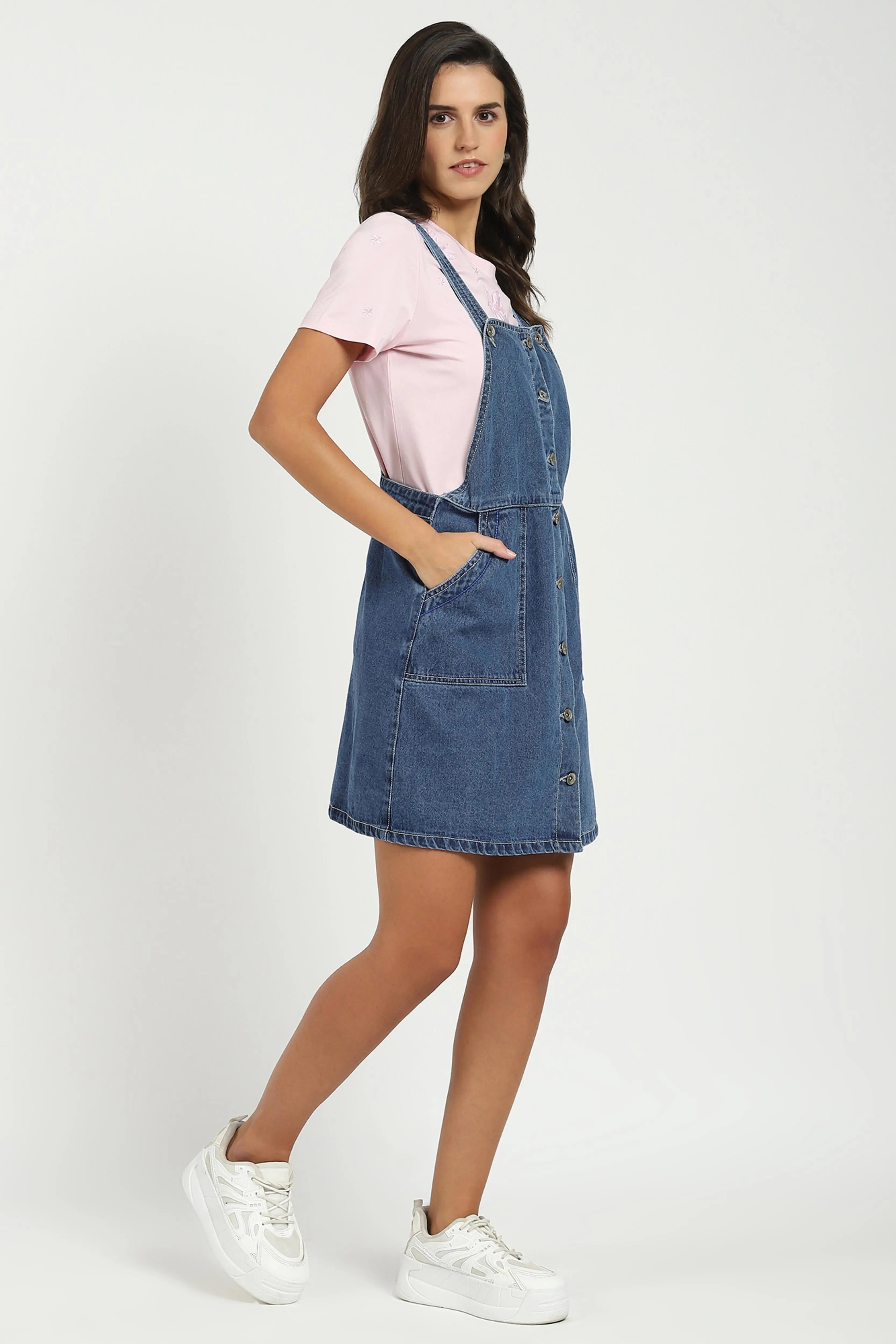 Blue Solid Cotton Blend Dungaree - Global Republic
