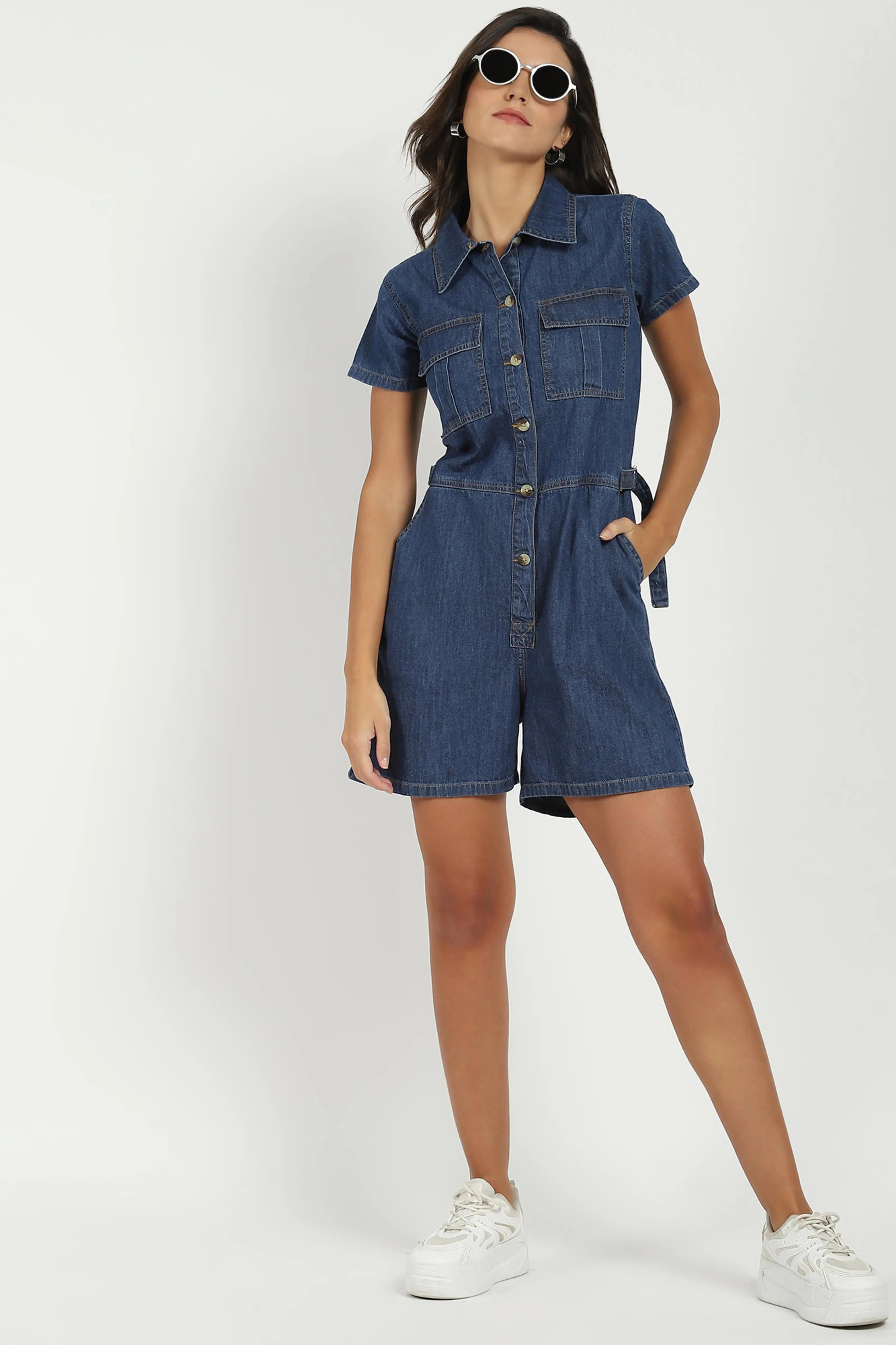 Dark Blue Cotton Blend Jumpsuit - Global Republic