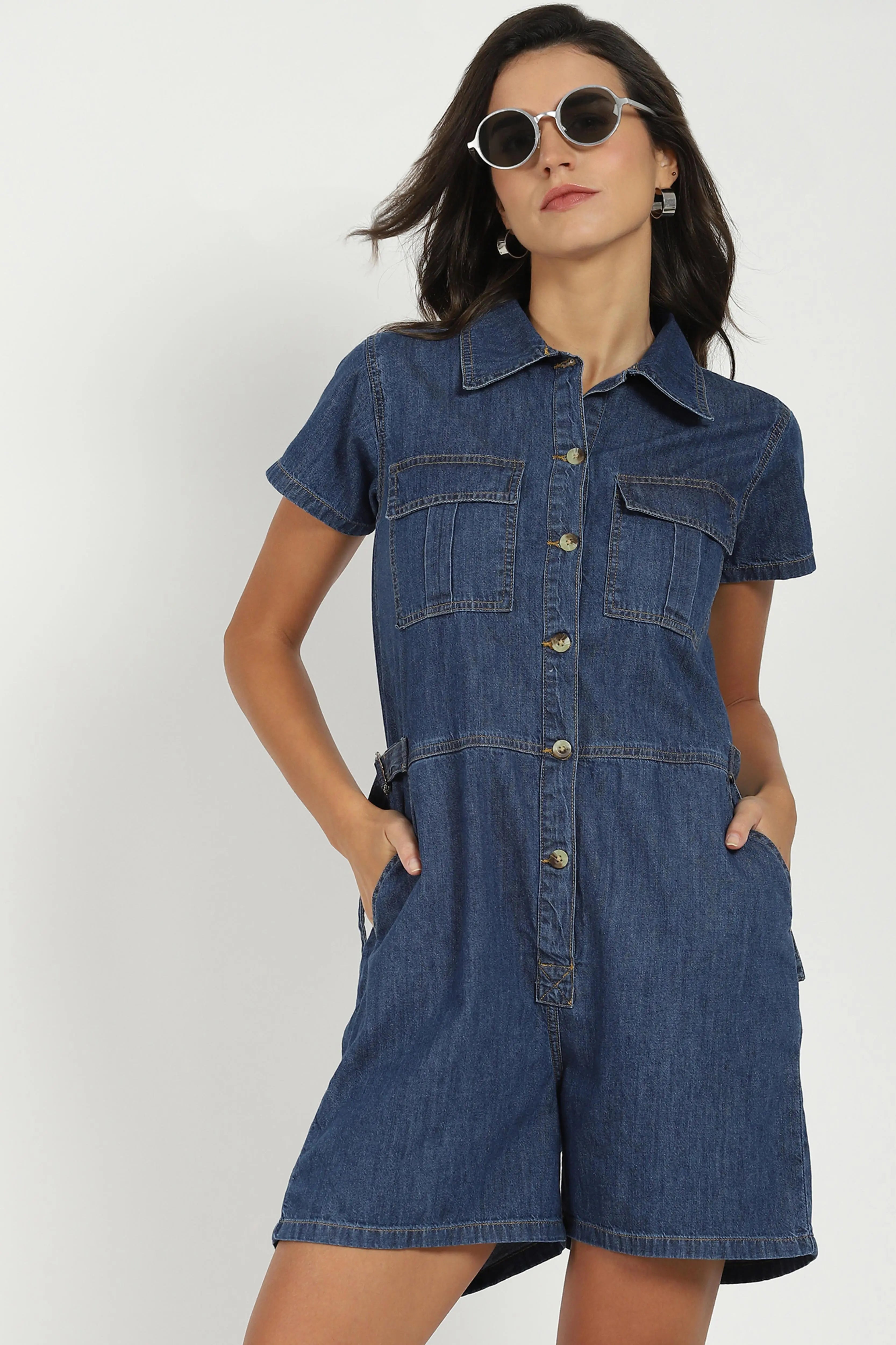 Dark Blue Cotton Blend Jumpsuit - Global Republic