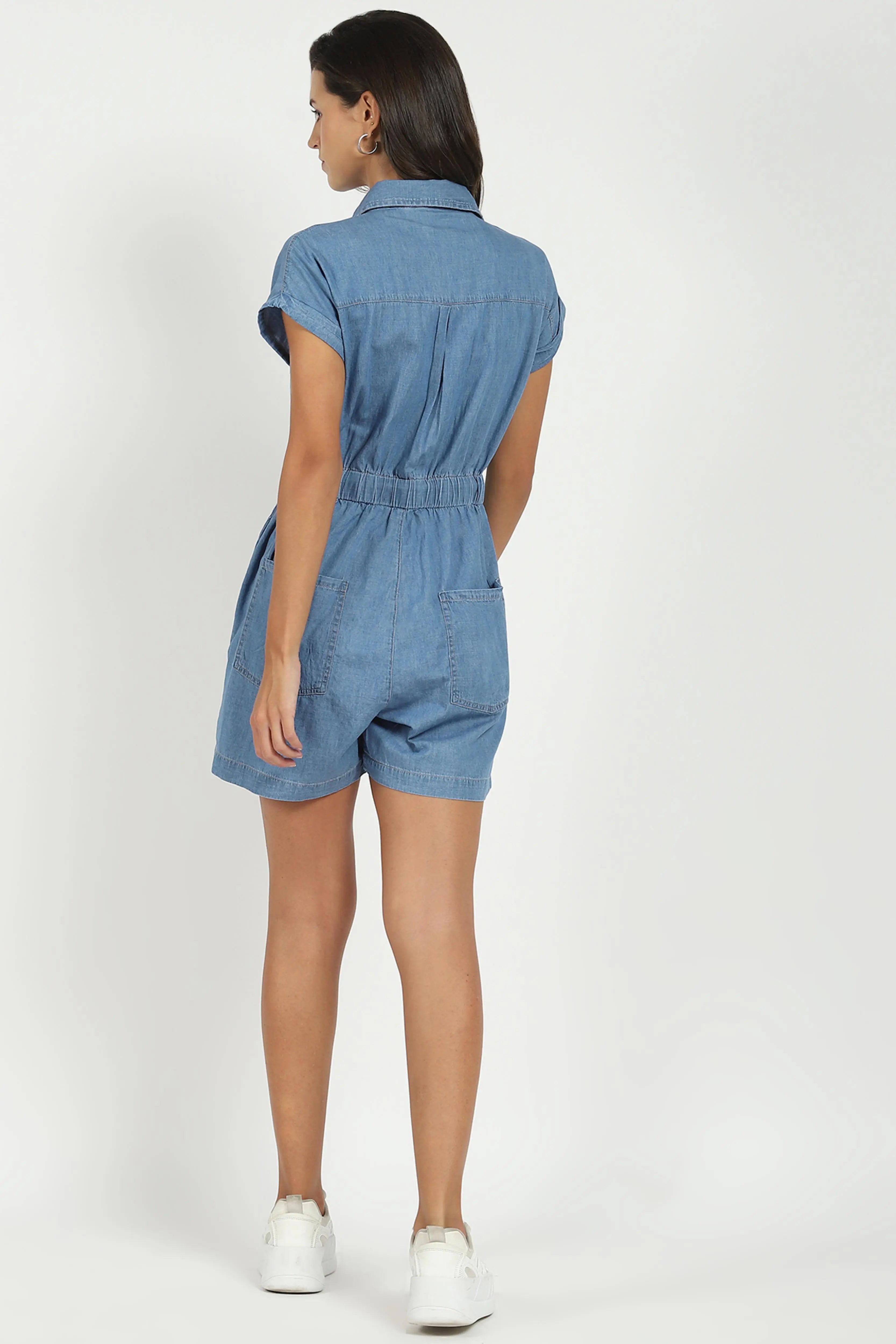 Blue Solid Cotton Jumpsuit - Global Republic