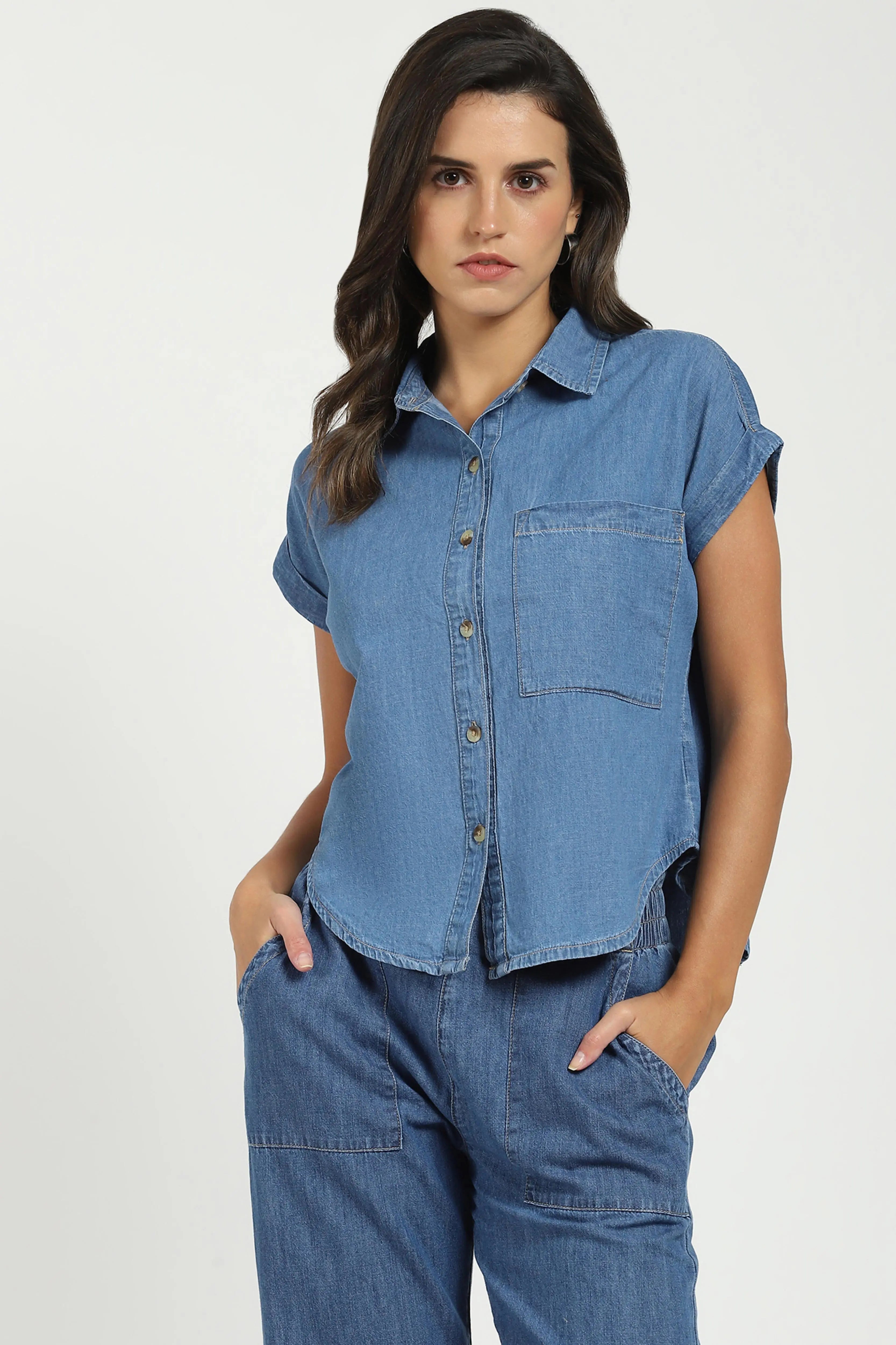 Blue Solid Cotton Loose Fit Shirt - Global Republic