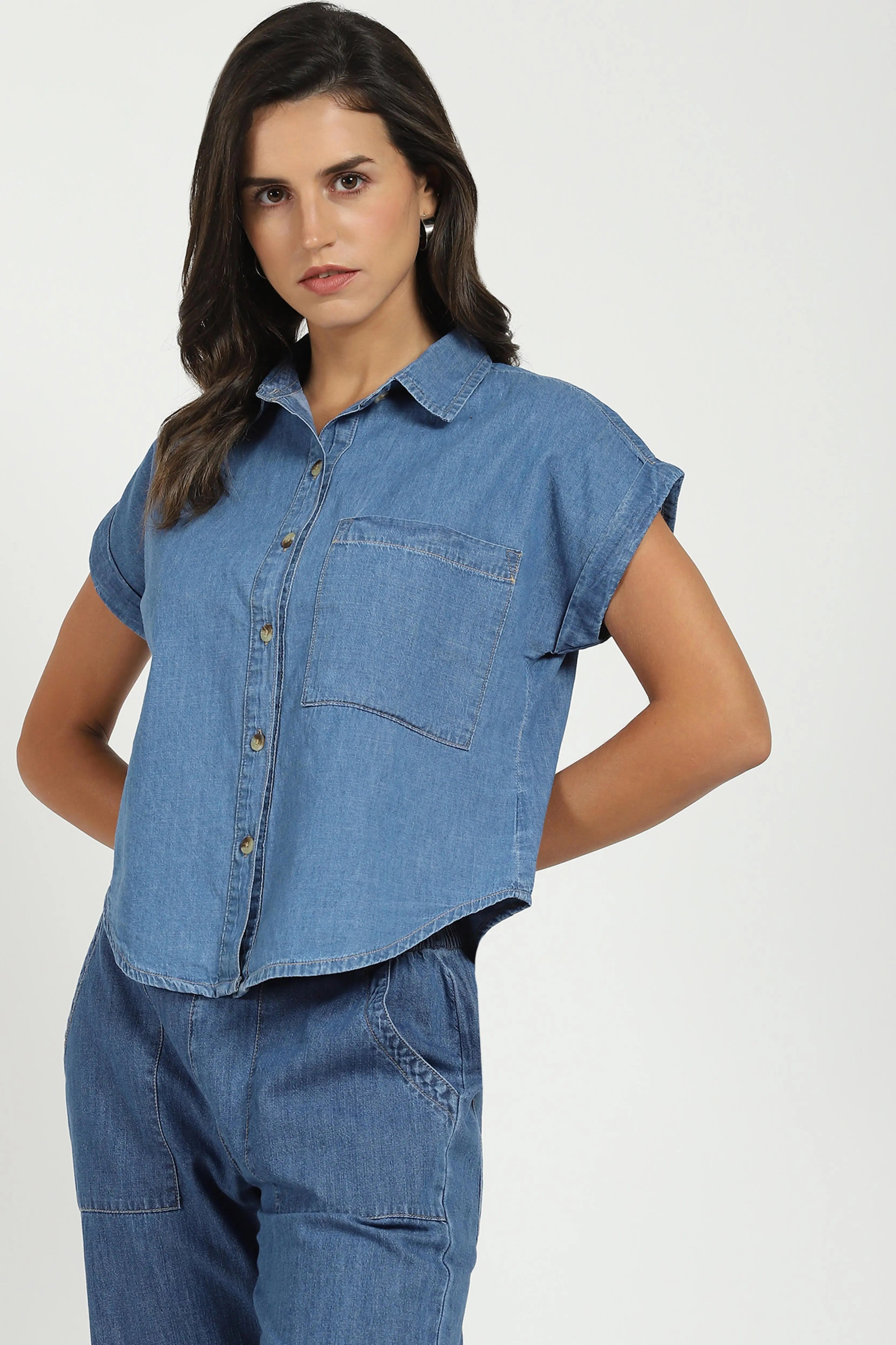 Blue Solid Cotton Loose Fit Shirt - Global Republic