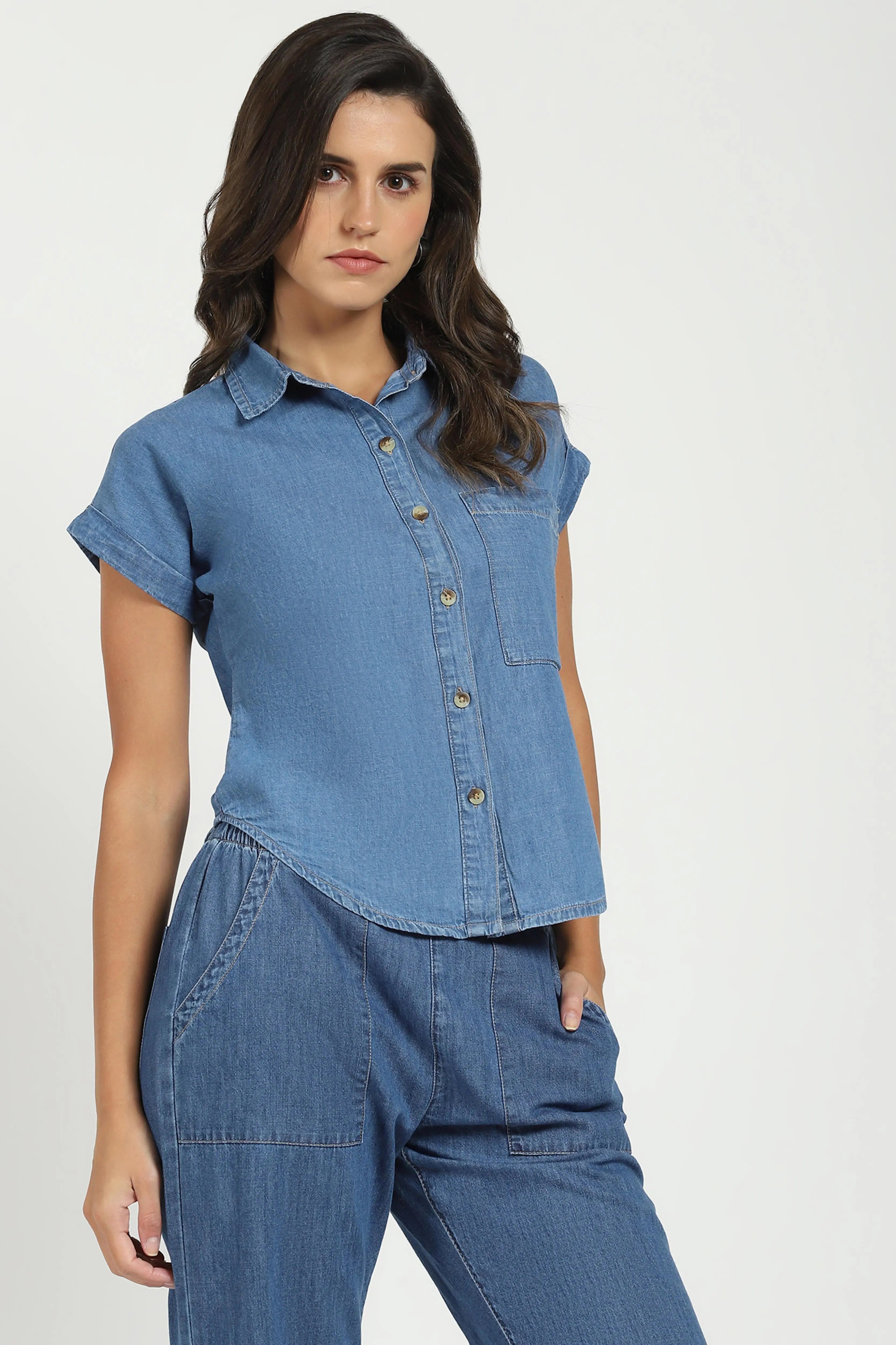 Blue Solid Cotton Loose Fit Shirt - Global Republic