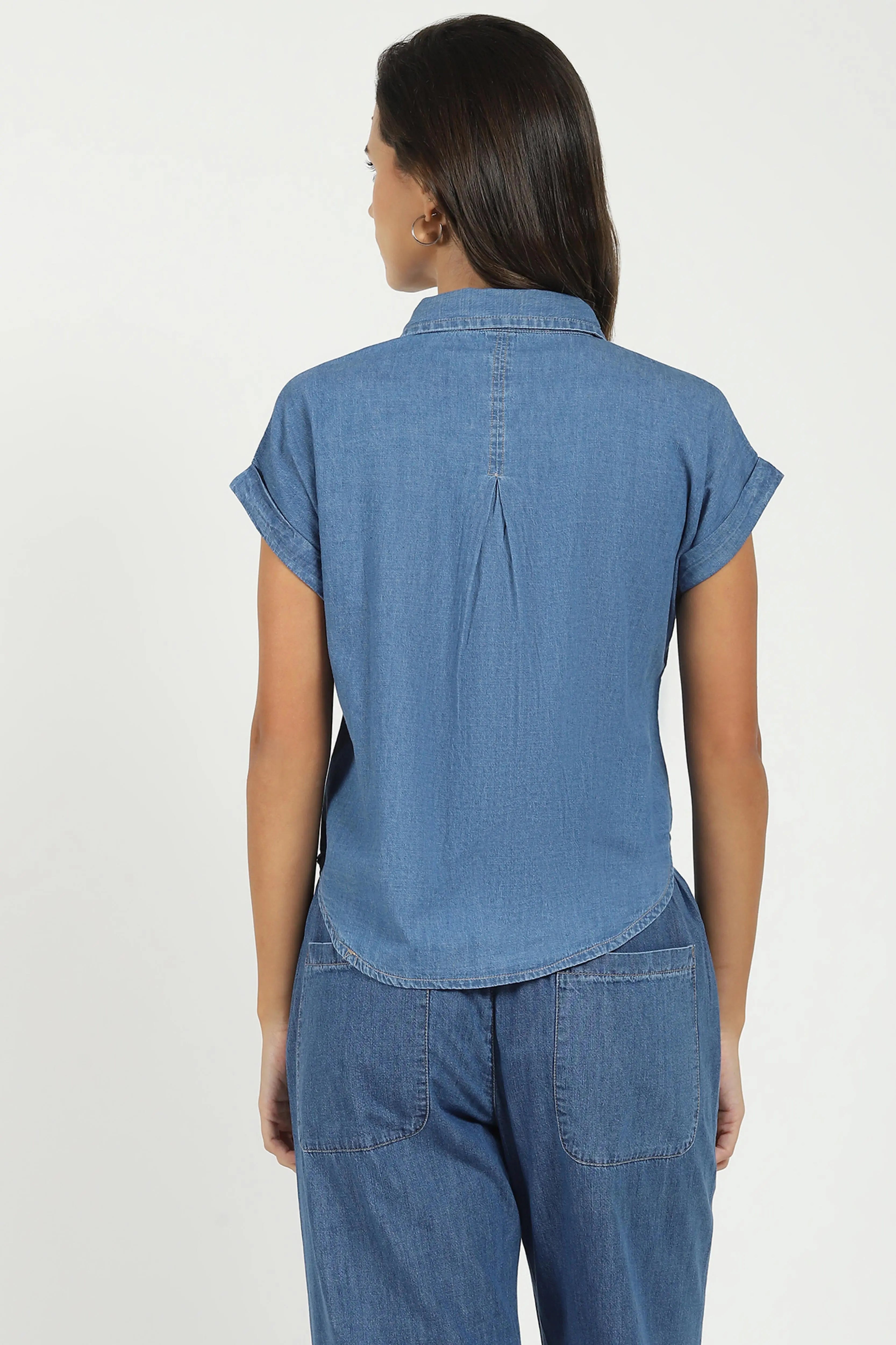 Blue Solid Cotton Loose Fit Shirt - Global Republic