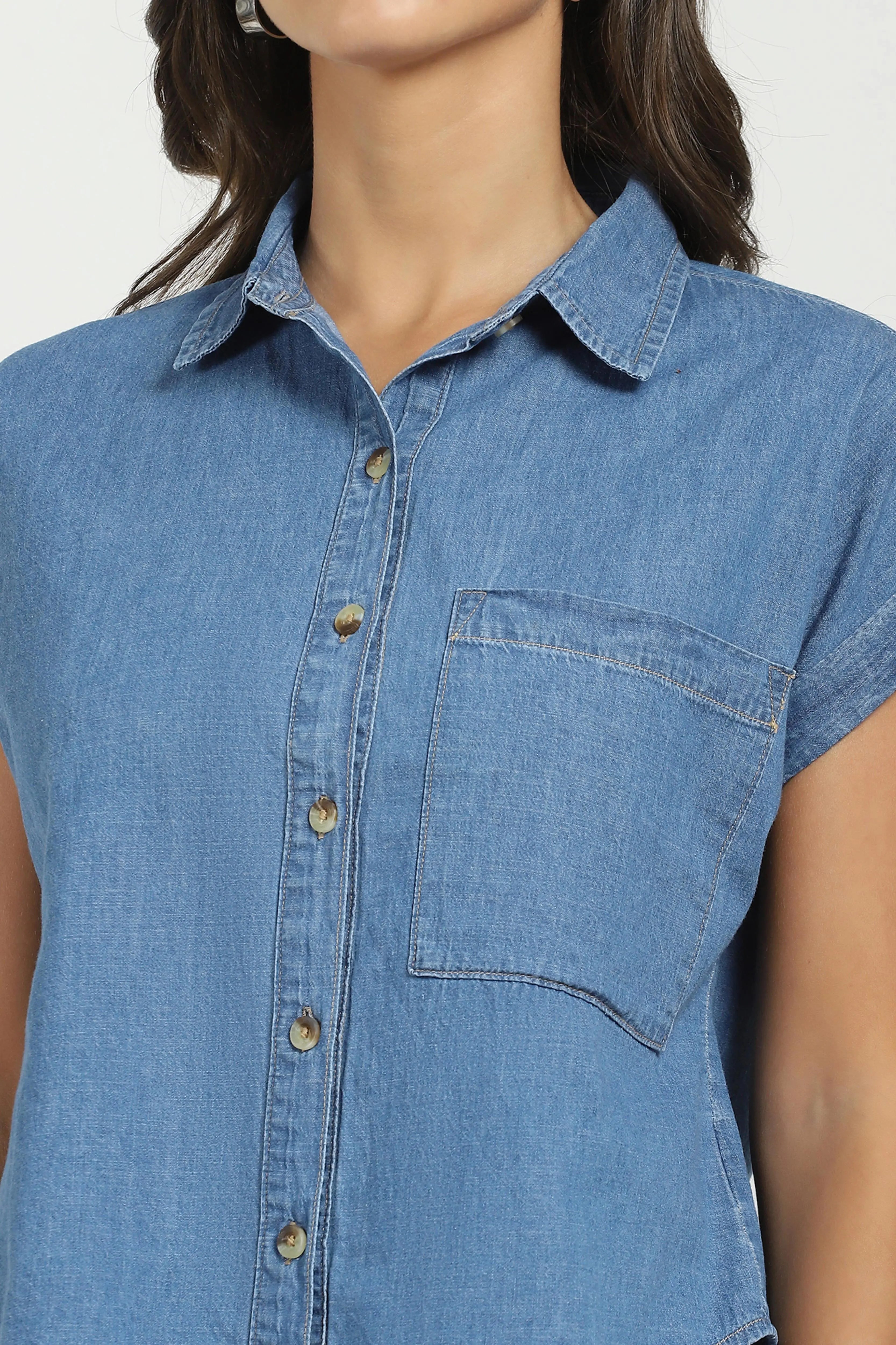 Blue Solid Cotton Loose Fit Shirt - Global Republic