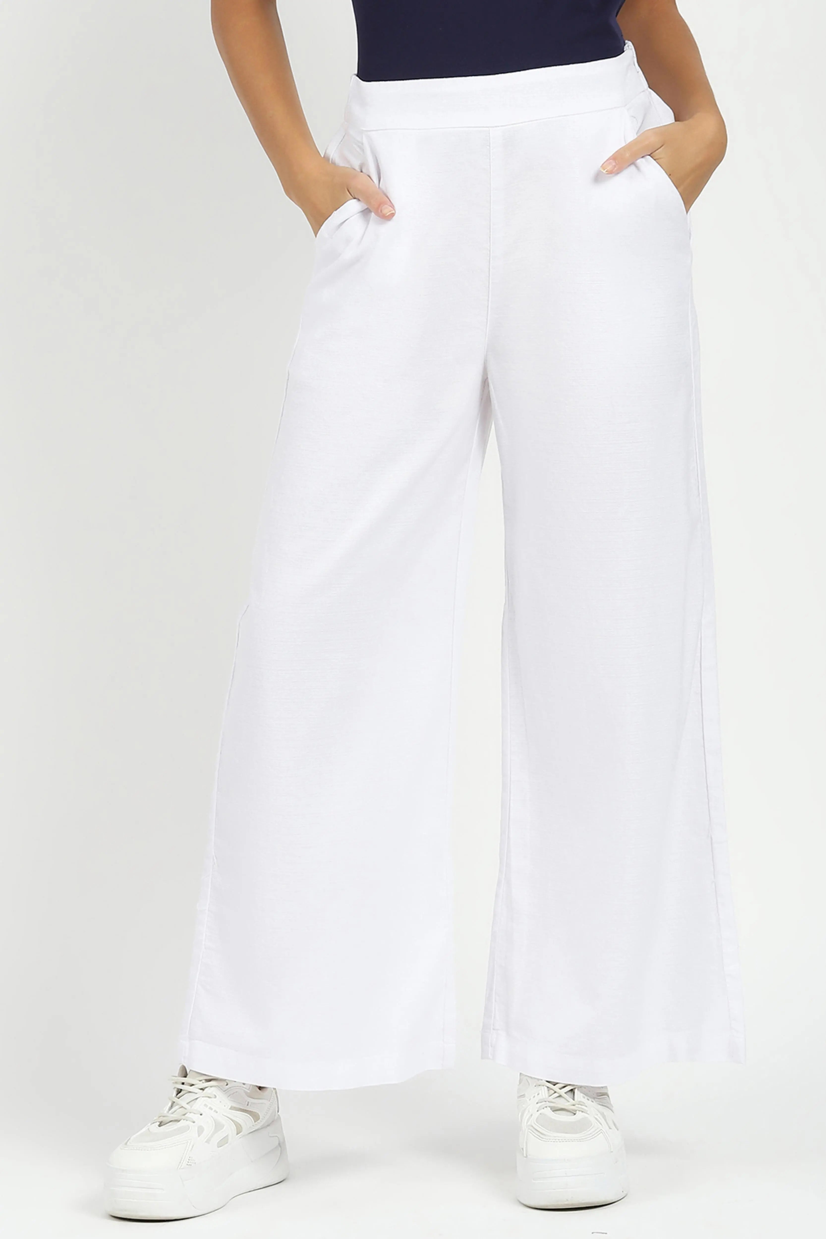White Solid Cotton Blend Trousers - Global Republic