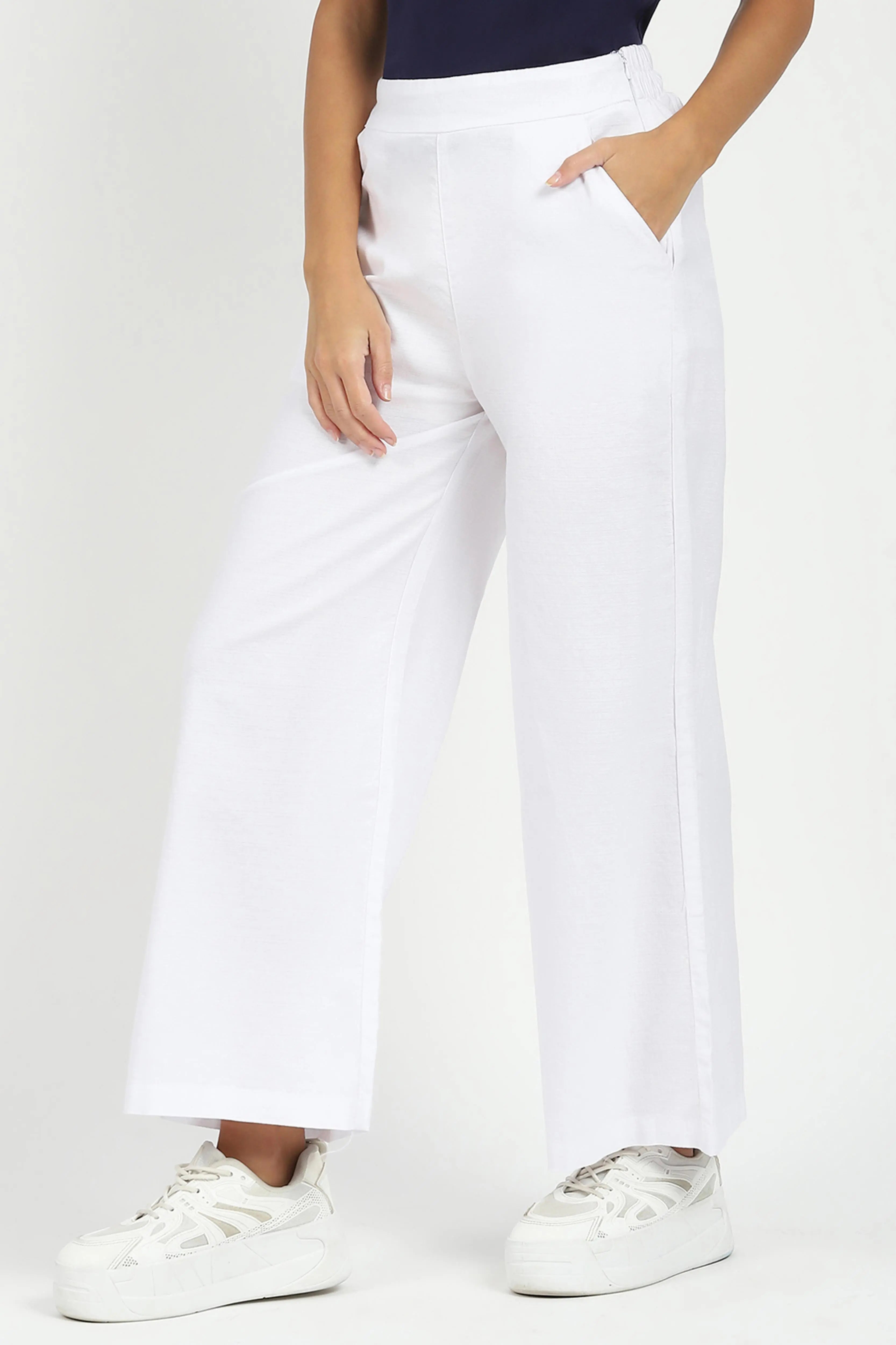 White Solid Cotton Blend Trousers - Global Republic