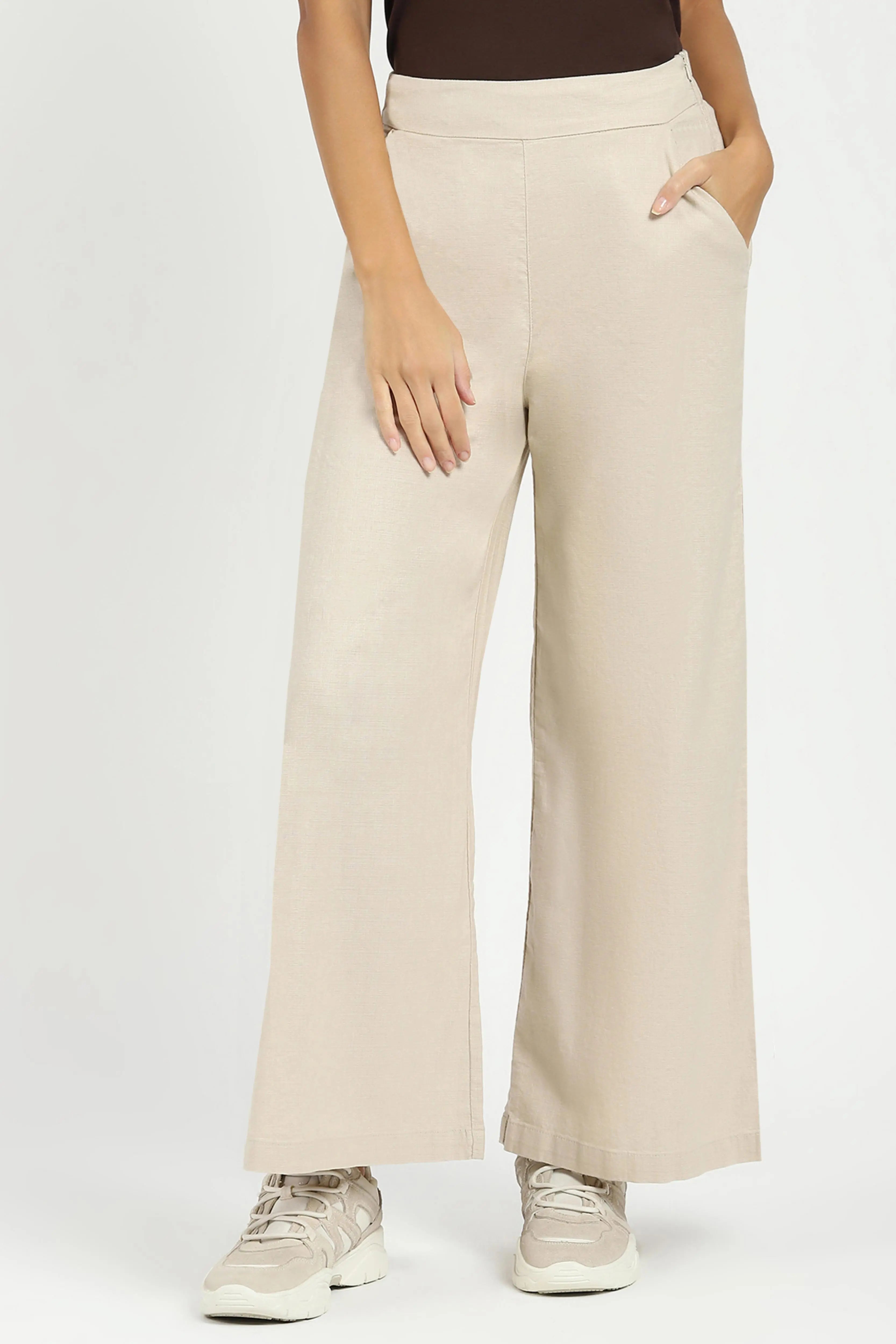 Beige Solid Cotton Blend Trousers - Global Republic