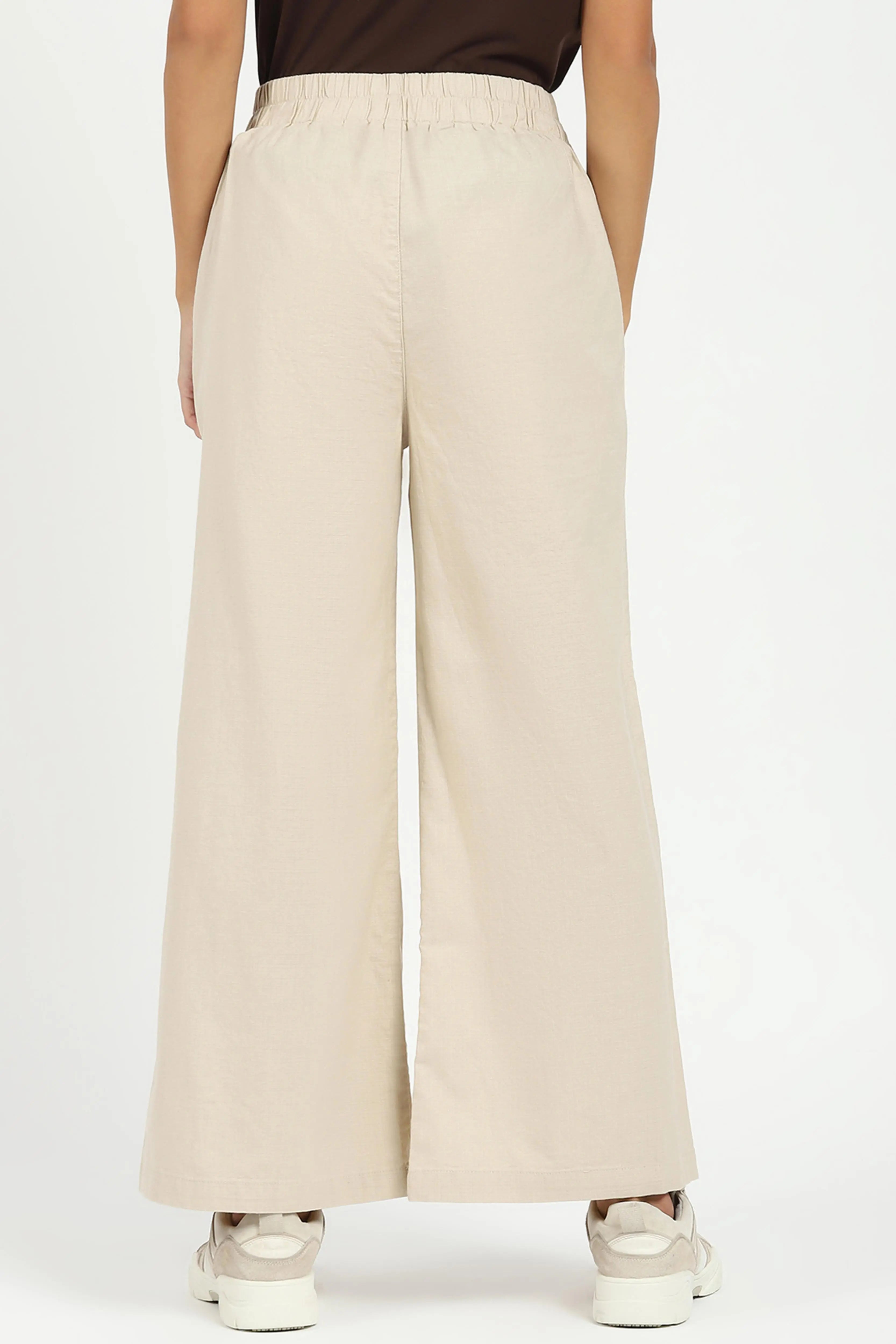 Beige Solid Cotton Blend Trousers - Global Republic