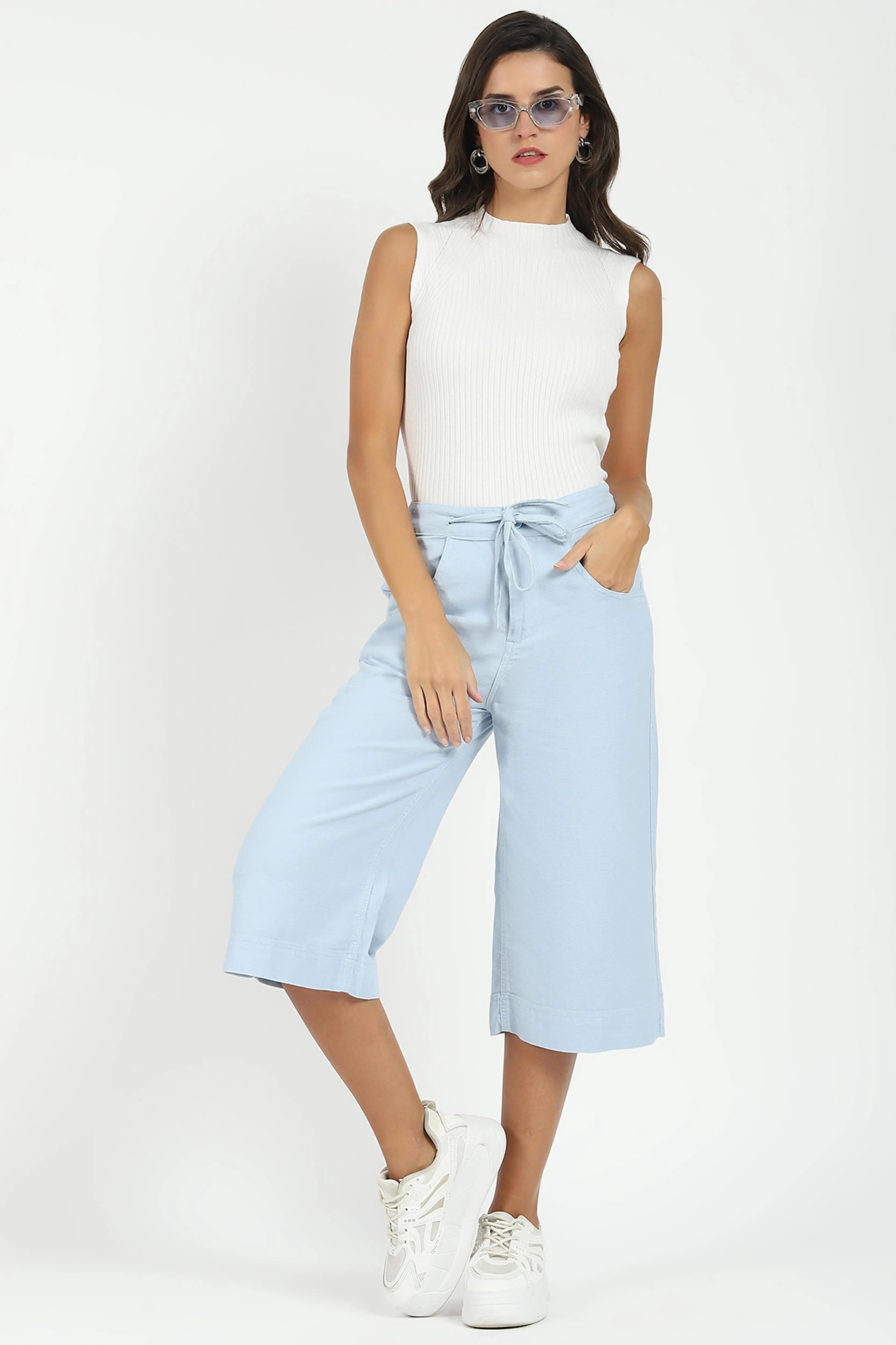 Blue Cotton Relaxed Fit Culottes - Global Republic