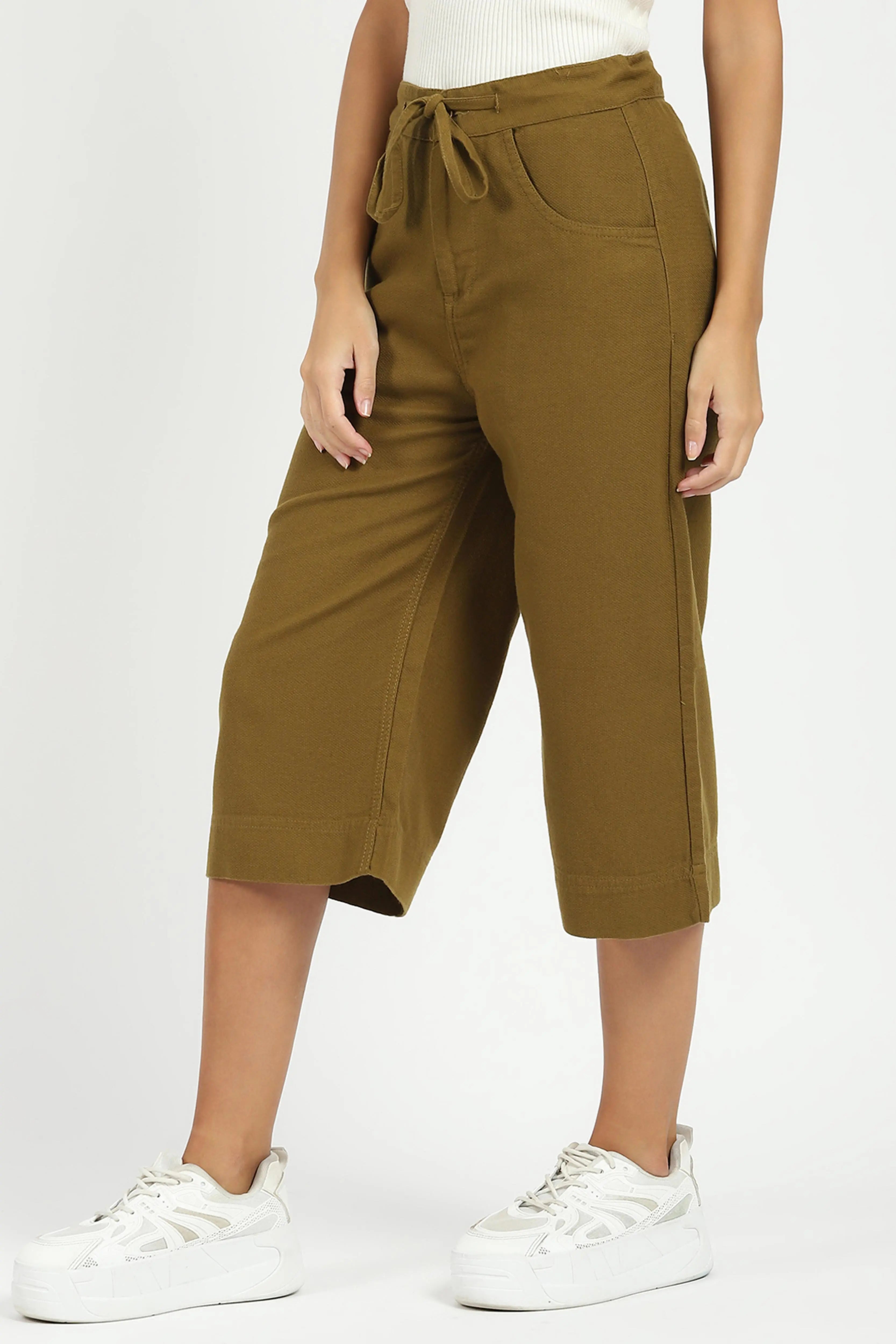 Olive Cotton Relaxed Fit Culottes - Global Republic