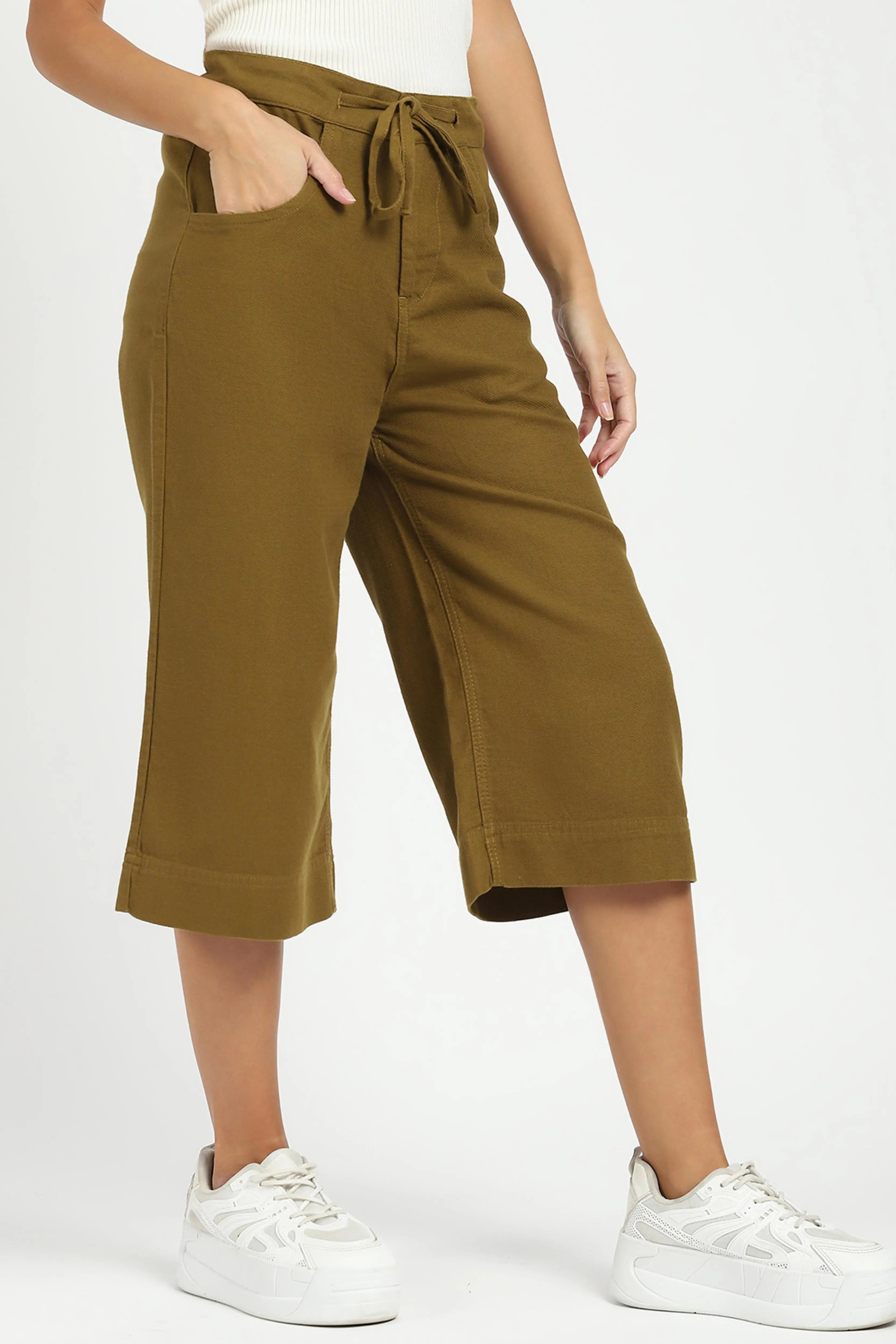 Olive Cotton Relaxed Fit Culottes - Global Republic
