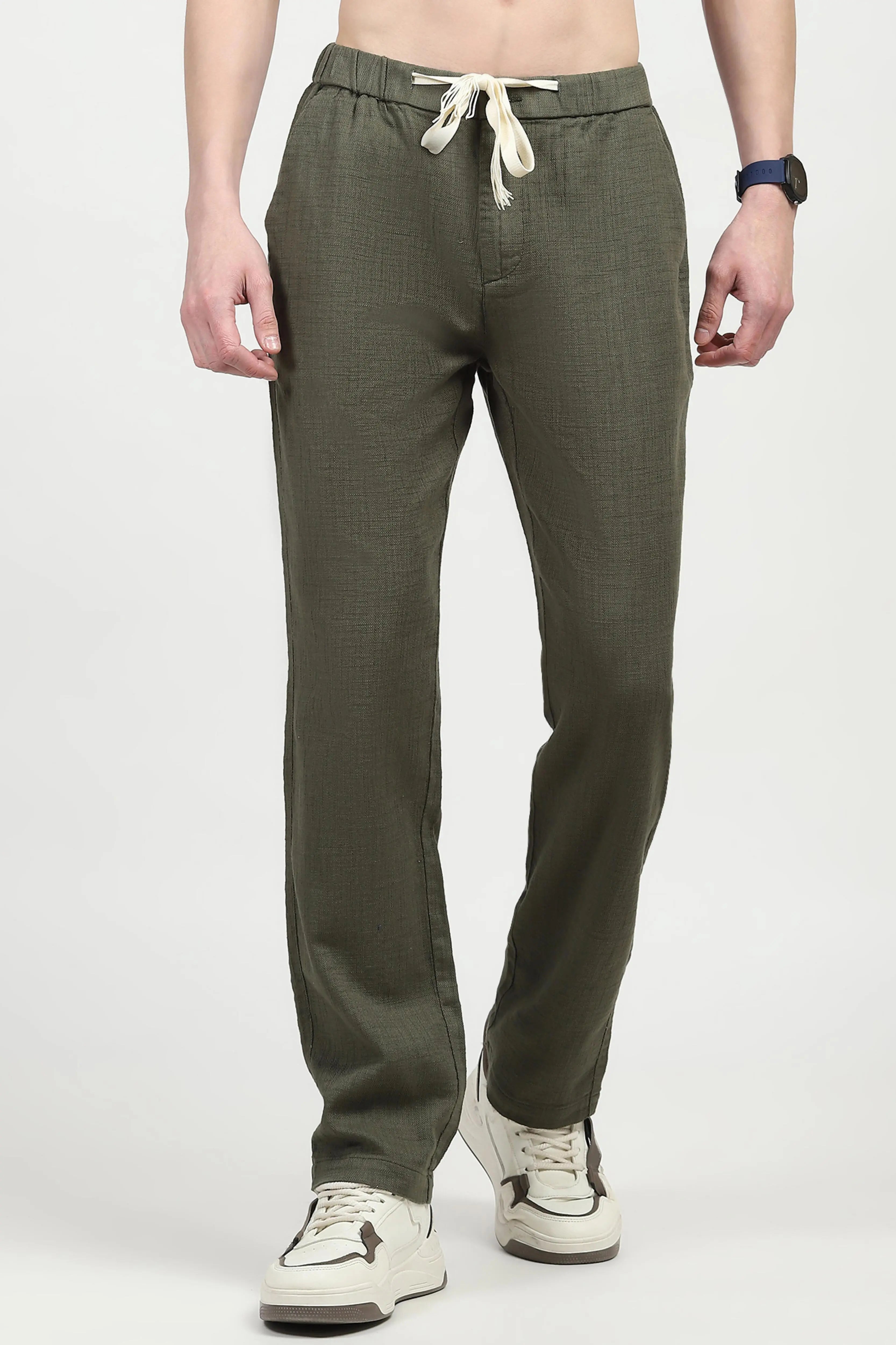 Olive Solid Cotton Loose Fit Trouser - Global Republic
