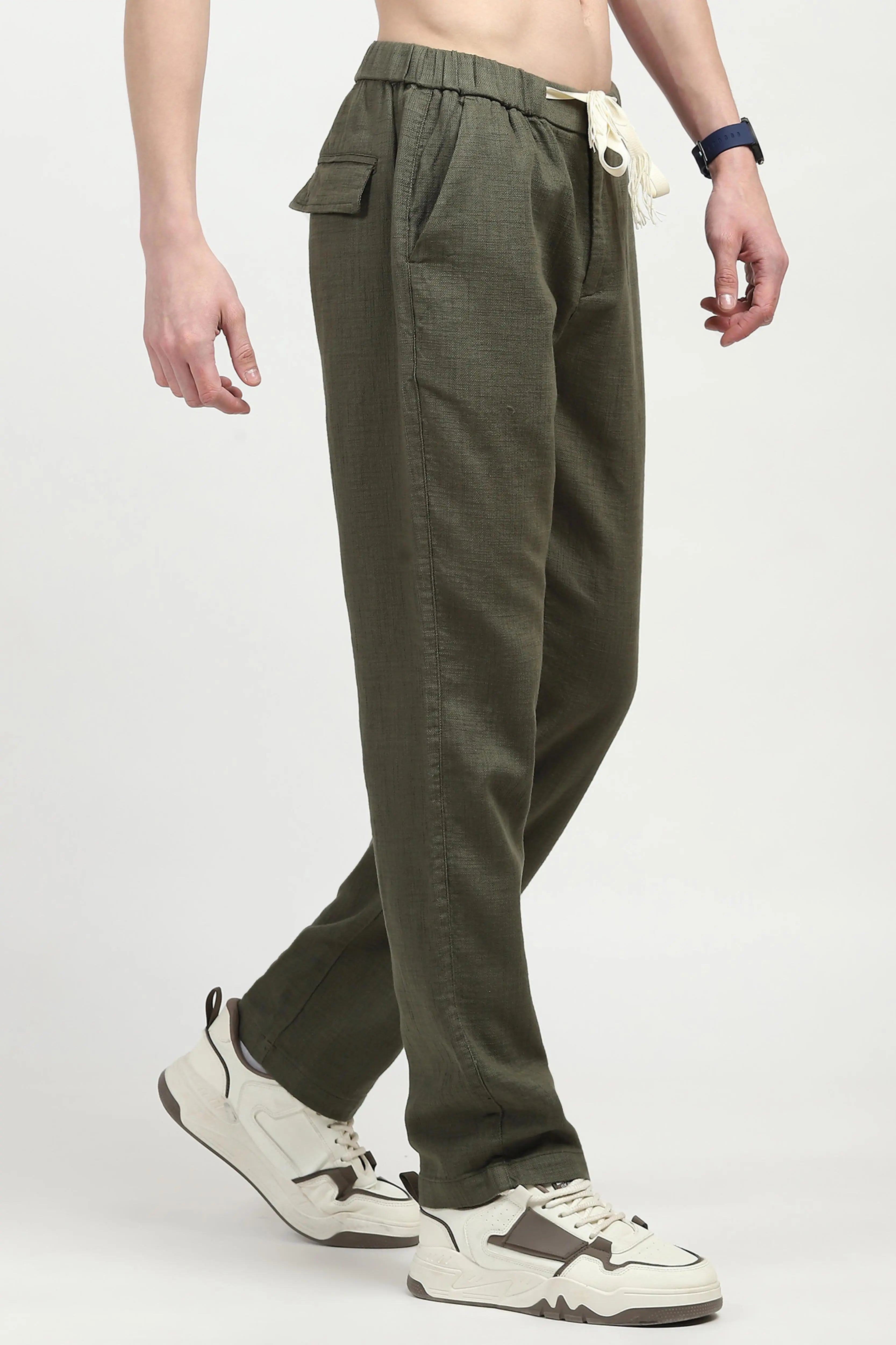Olive Solid Cotton Loose Fit Trouser