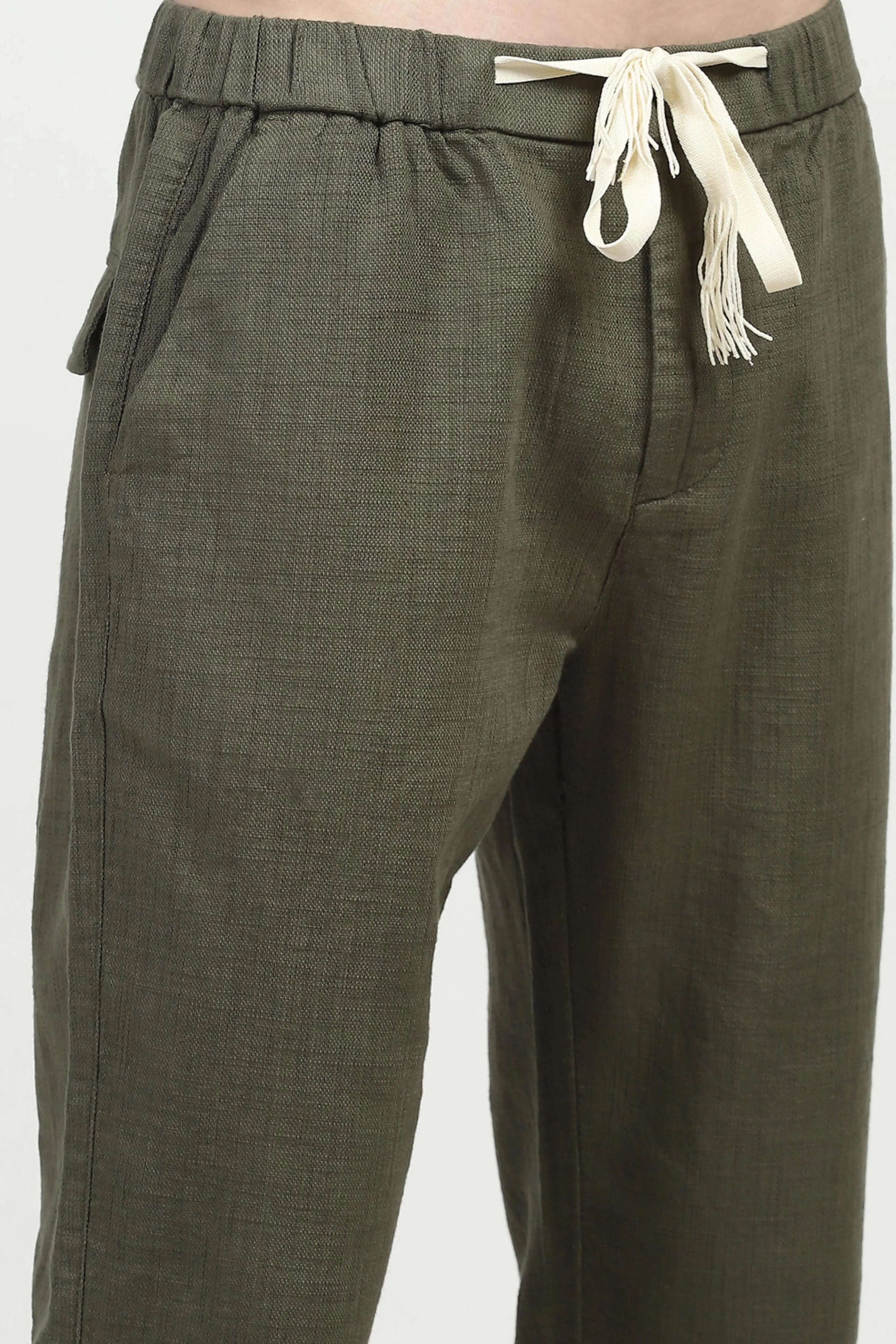 Olive Solid Cotton Loose Fit Trouser - Global Republic
