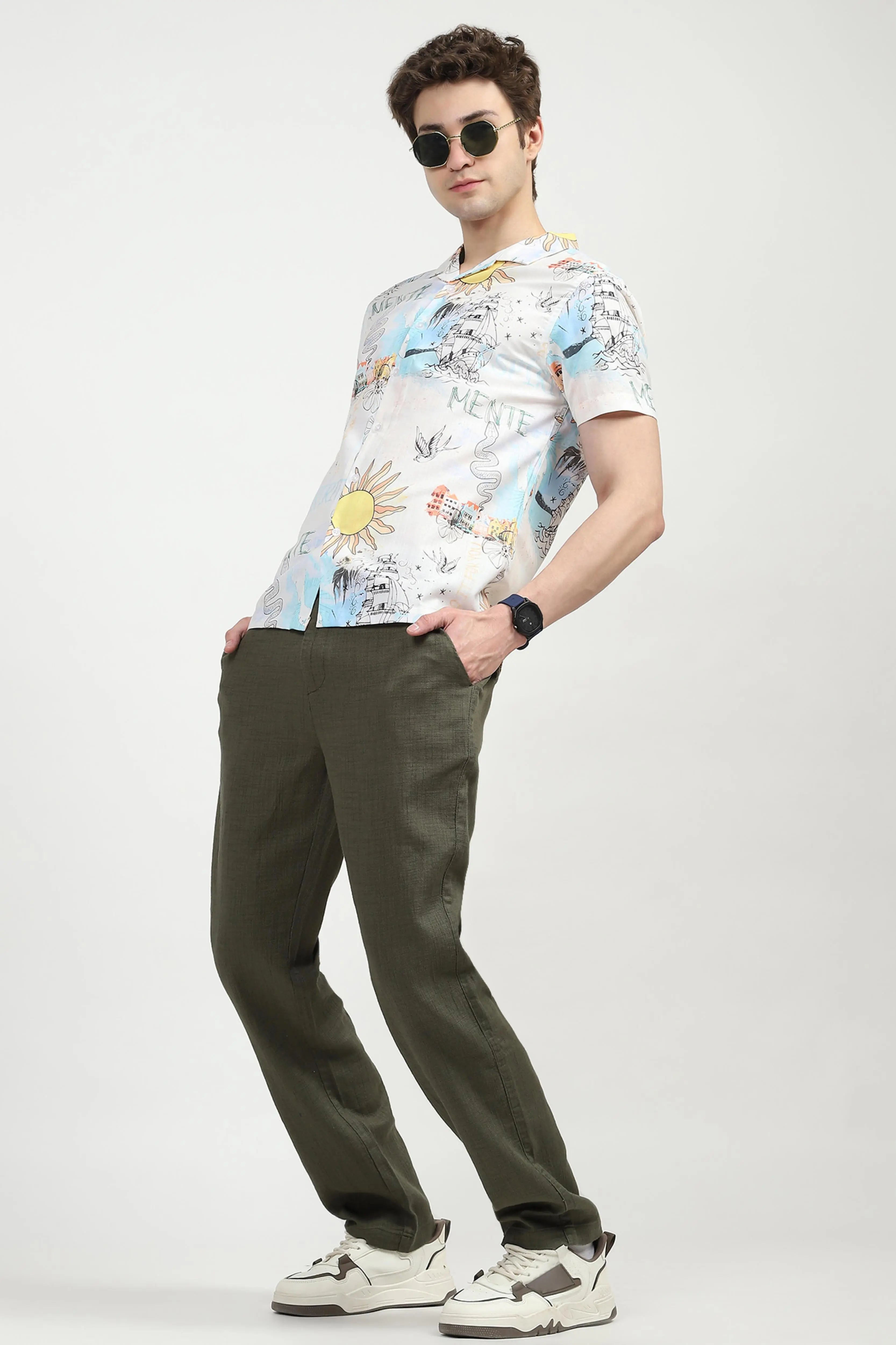 Olive Solid Cotton Loose Fit Trouser - Global Republic