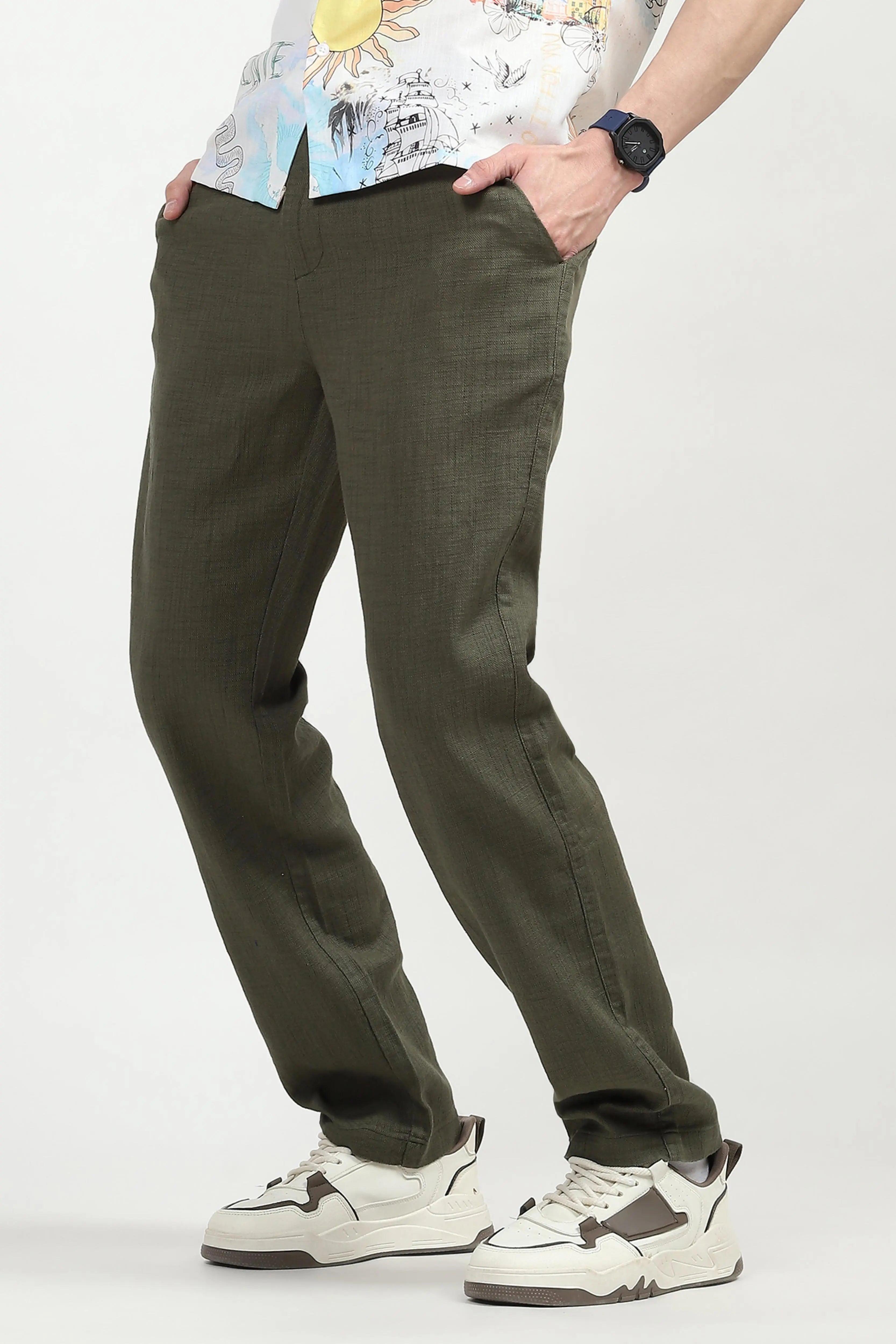 Olive Solid Cotton Loose Fit Trouser - Global Republic