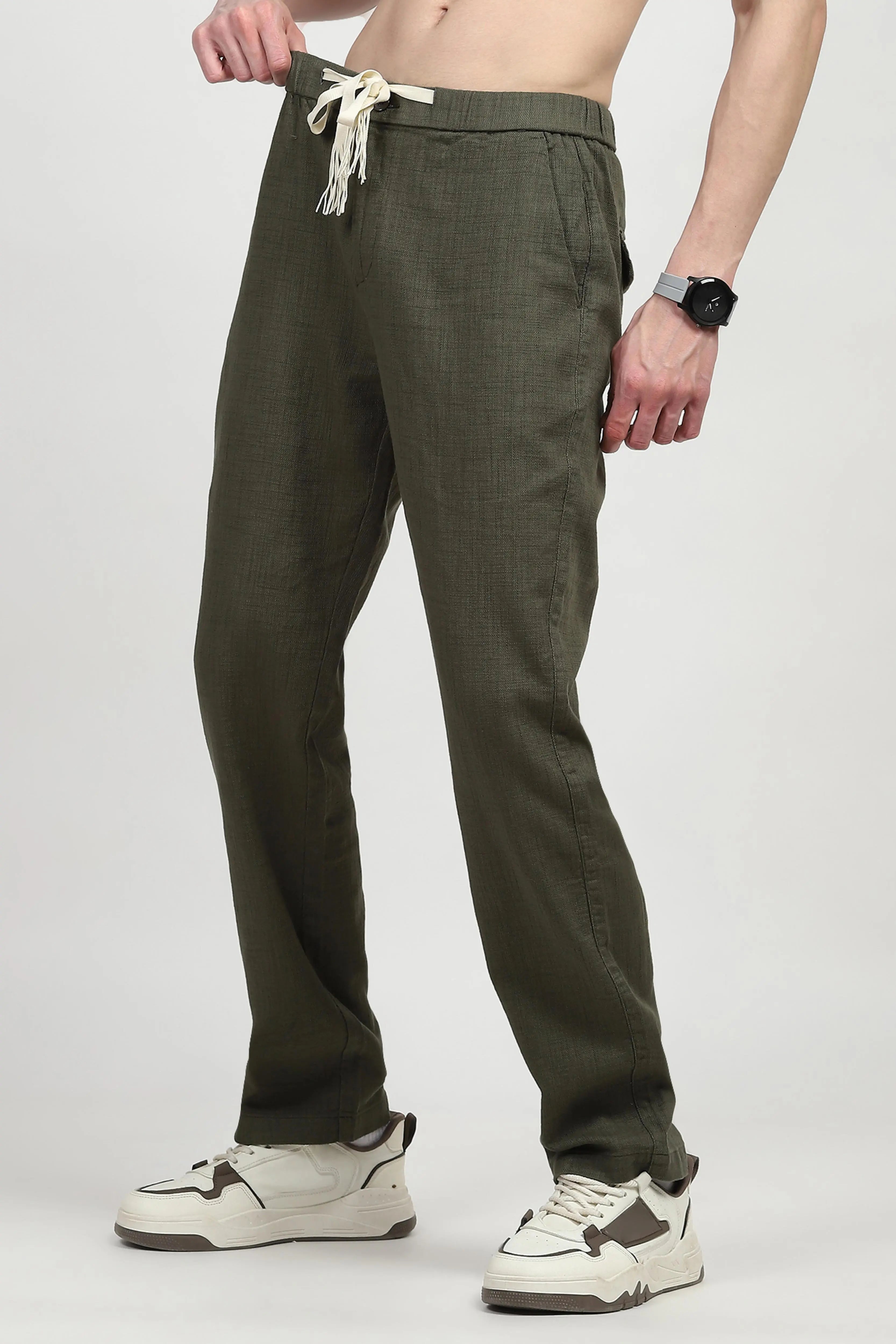 Olive Solid Cotton Loose Fit Trouser - Global Republic