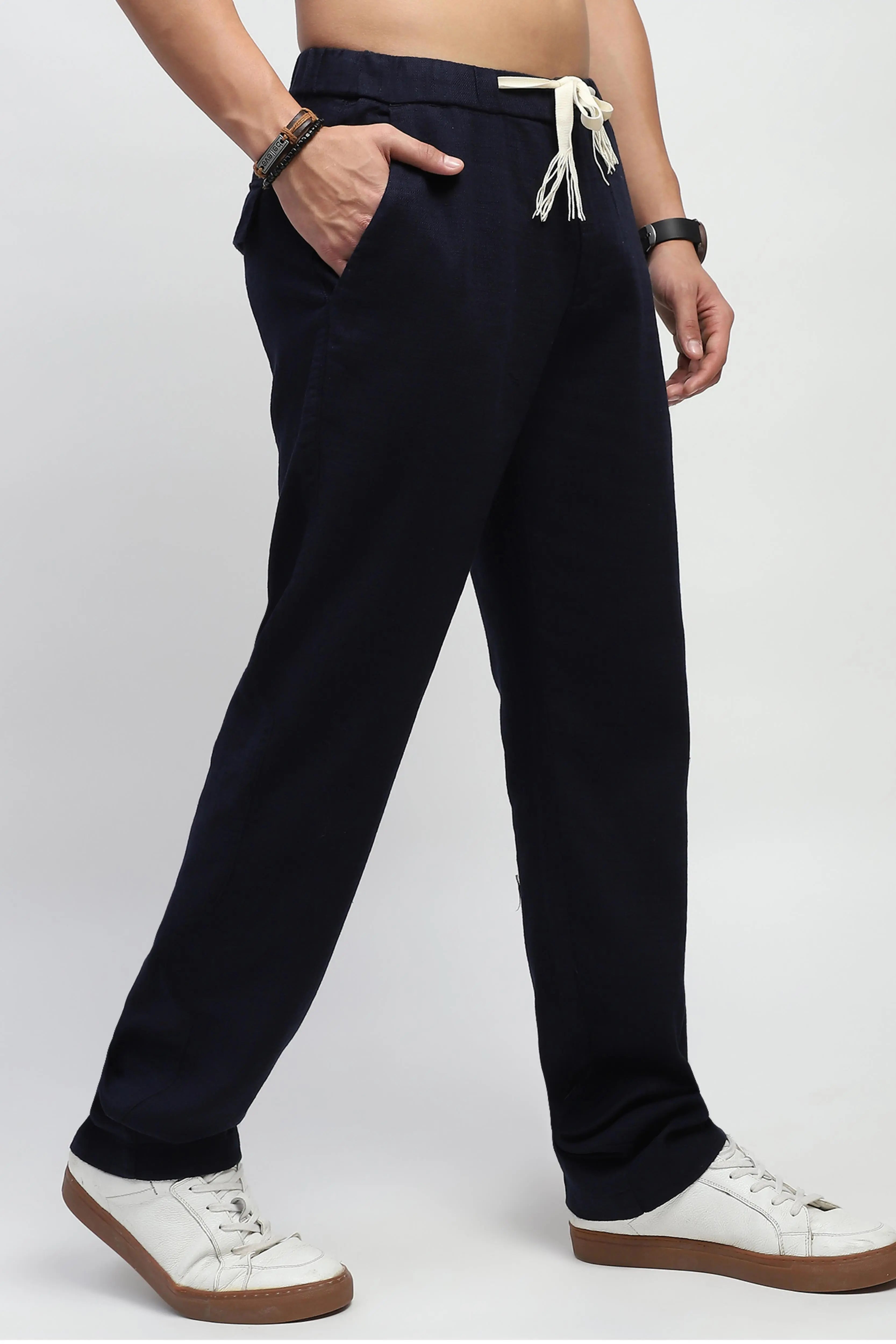 Navy Solid Cotton Loose Fit Trouser - Global Republic