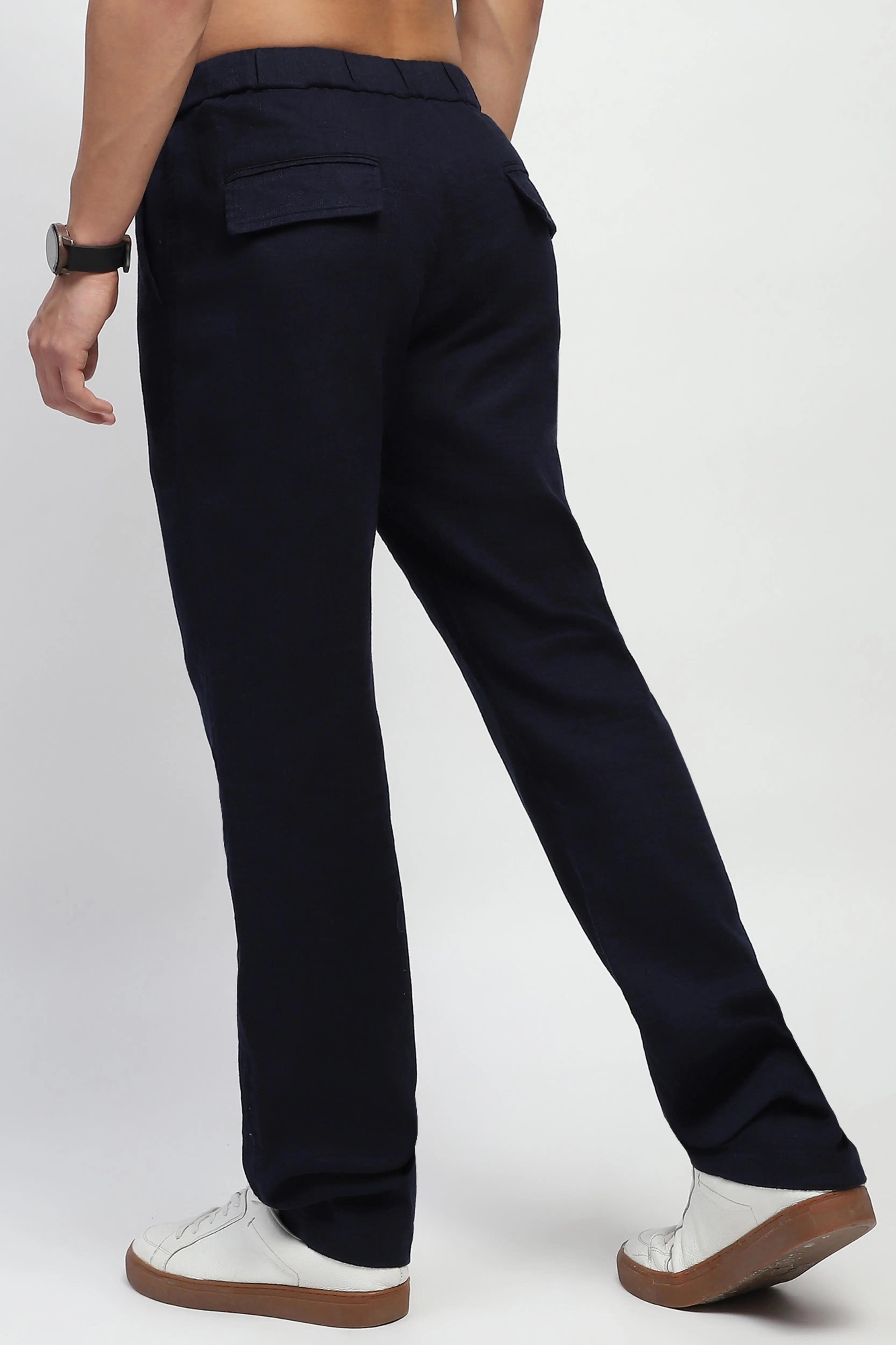 Navy Solid Cotton Loose Fit Trouser - Global Republic