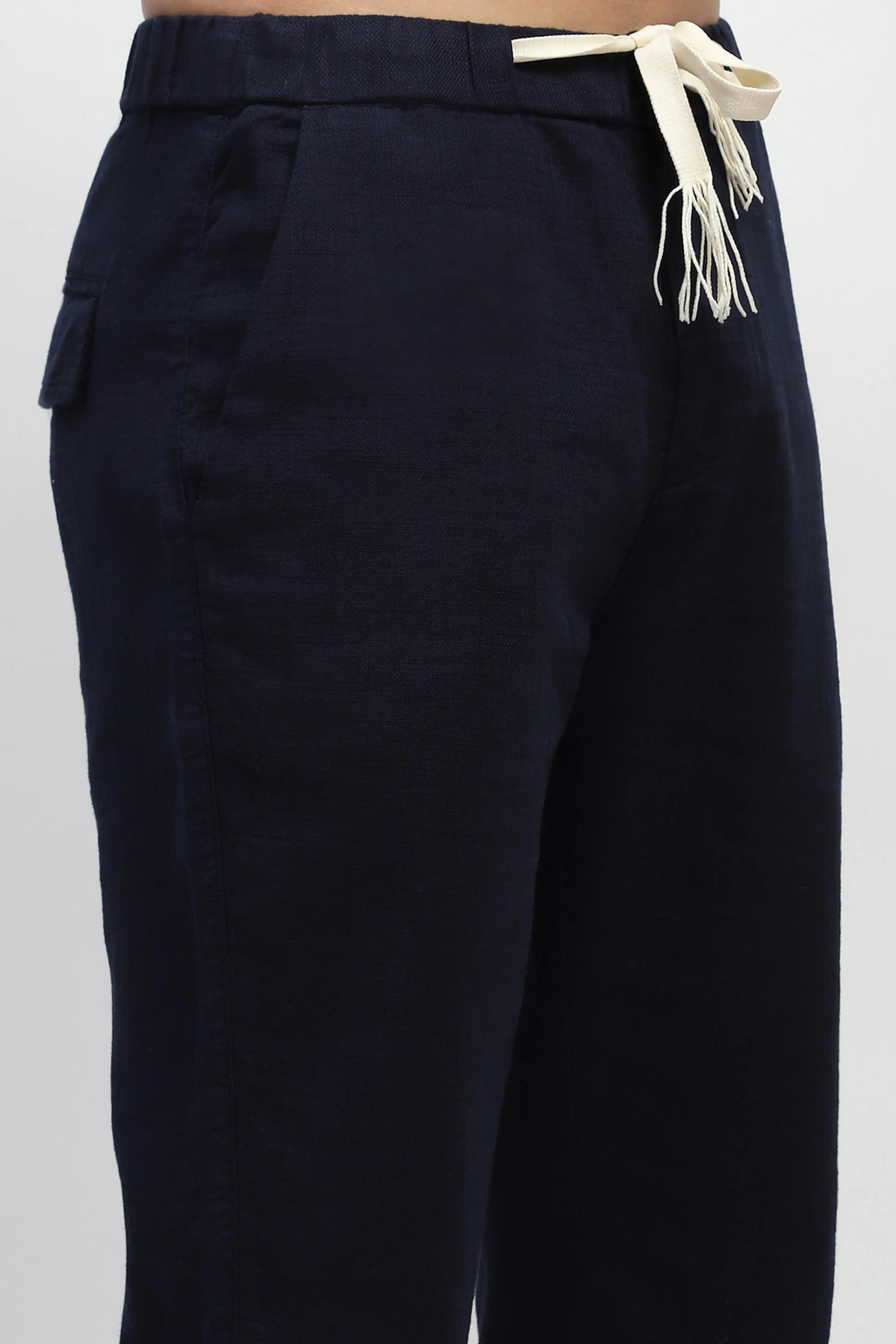 Navy Solid Cotton Loose Fit Trouser - Global Republic