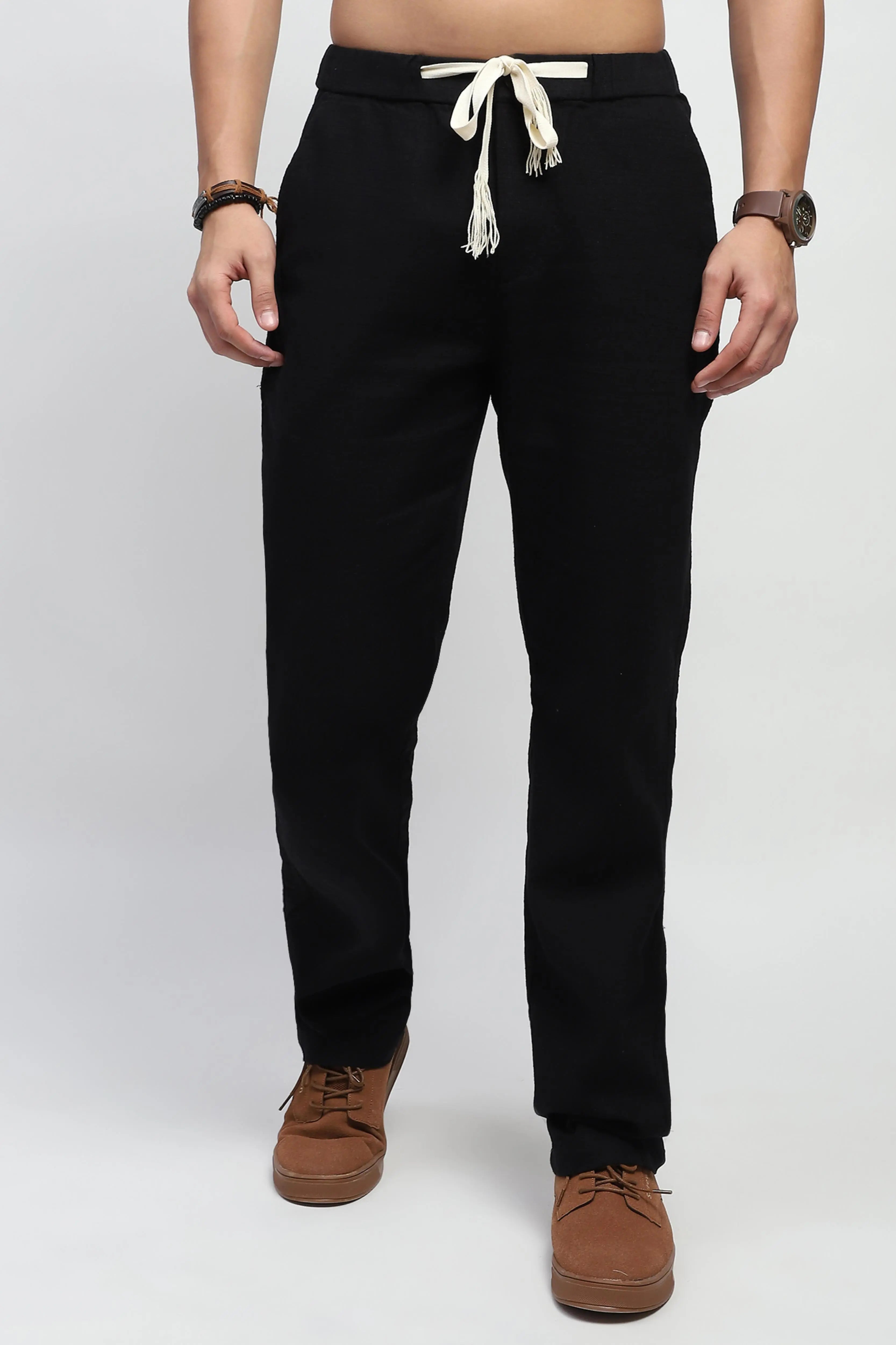 Black Solid Cotton Loose Fit Trouser - Global Republic