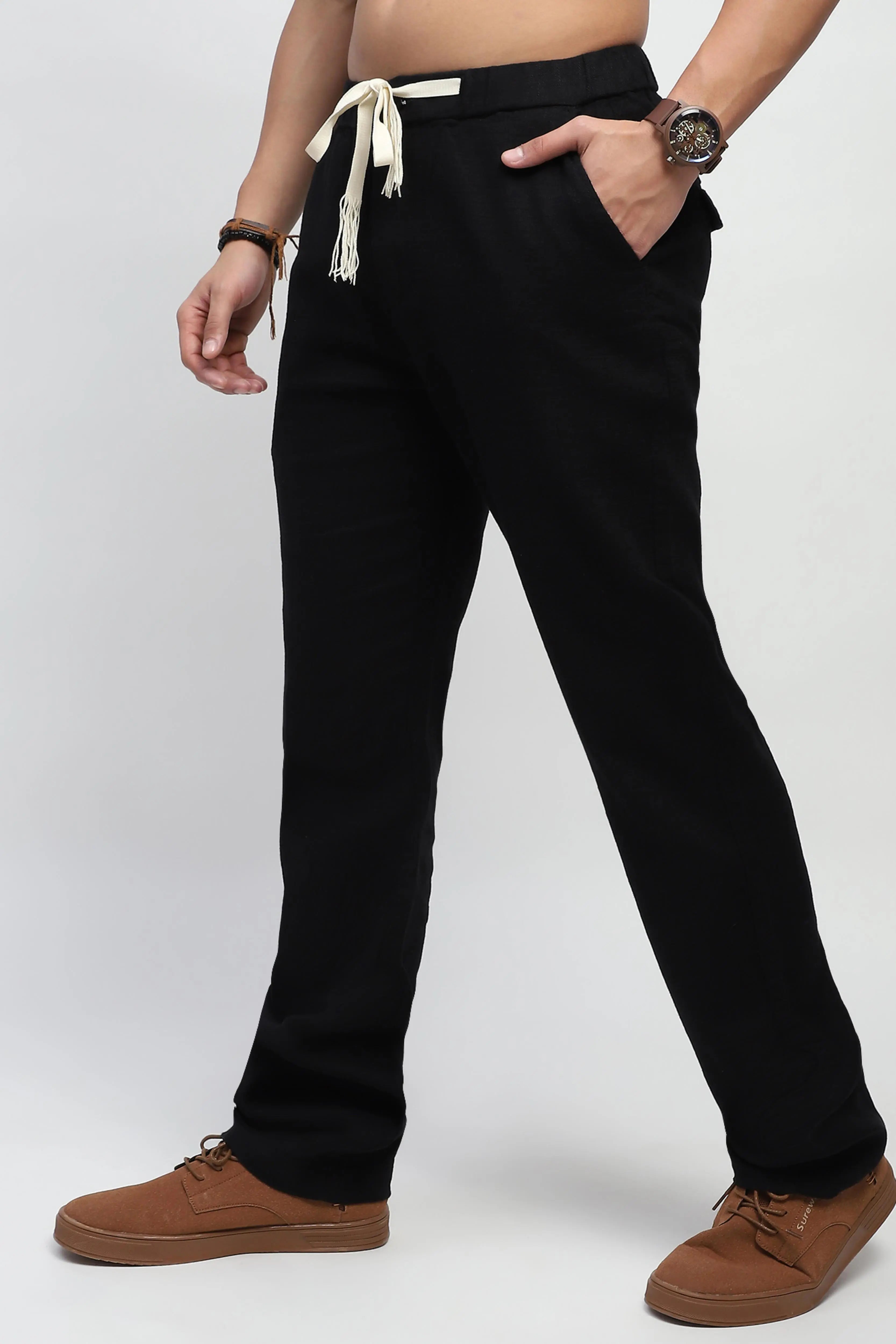 Black Solid Cotton Loose Fit Trouser - Global Republic