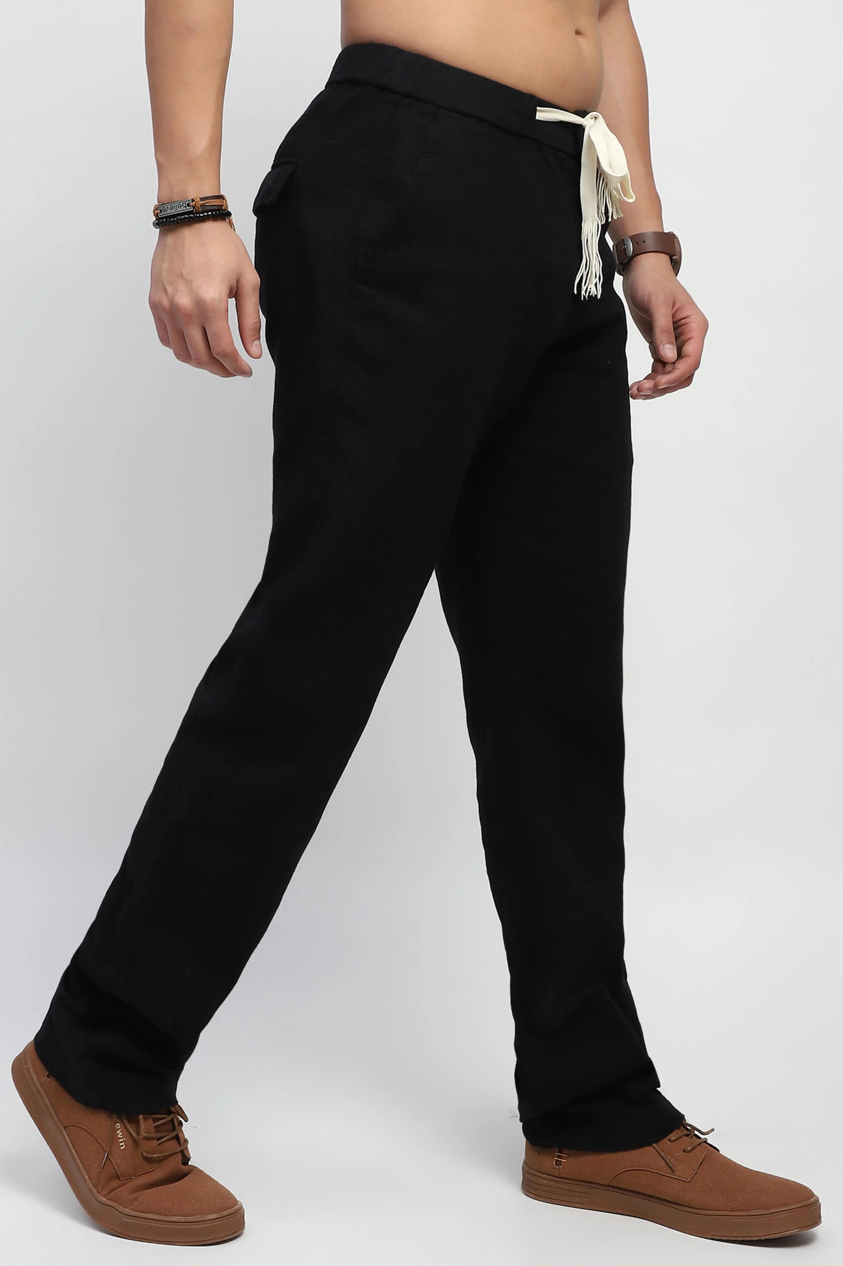 Black Solid Cotton Loose Fit Trouser - Global Republic