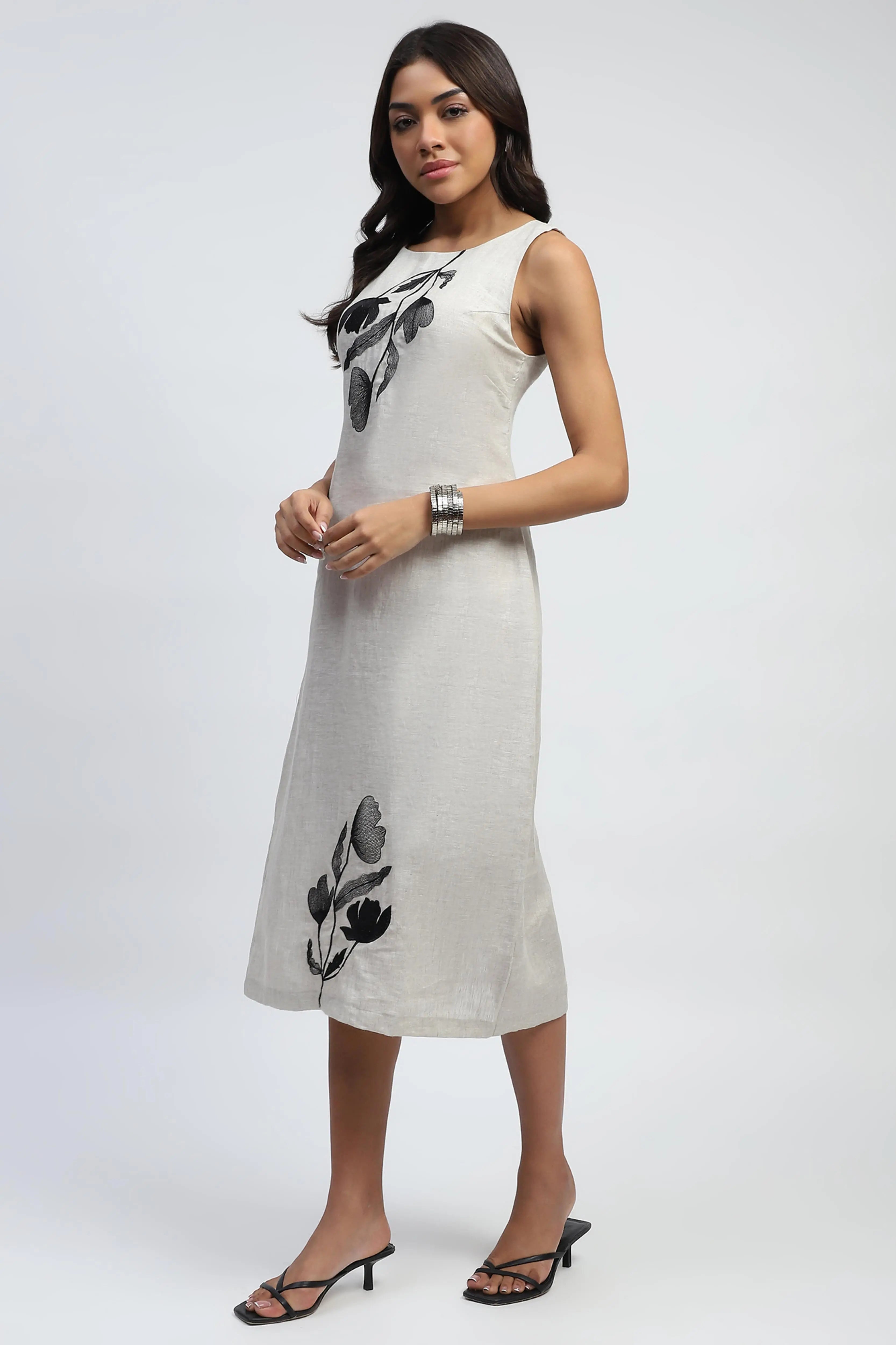 Natural Floral Embroidery Linen Dress - Global Republic
