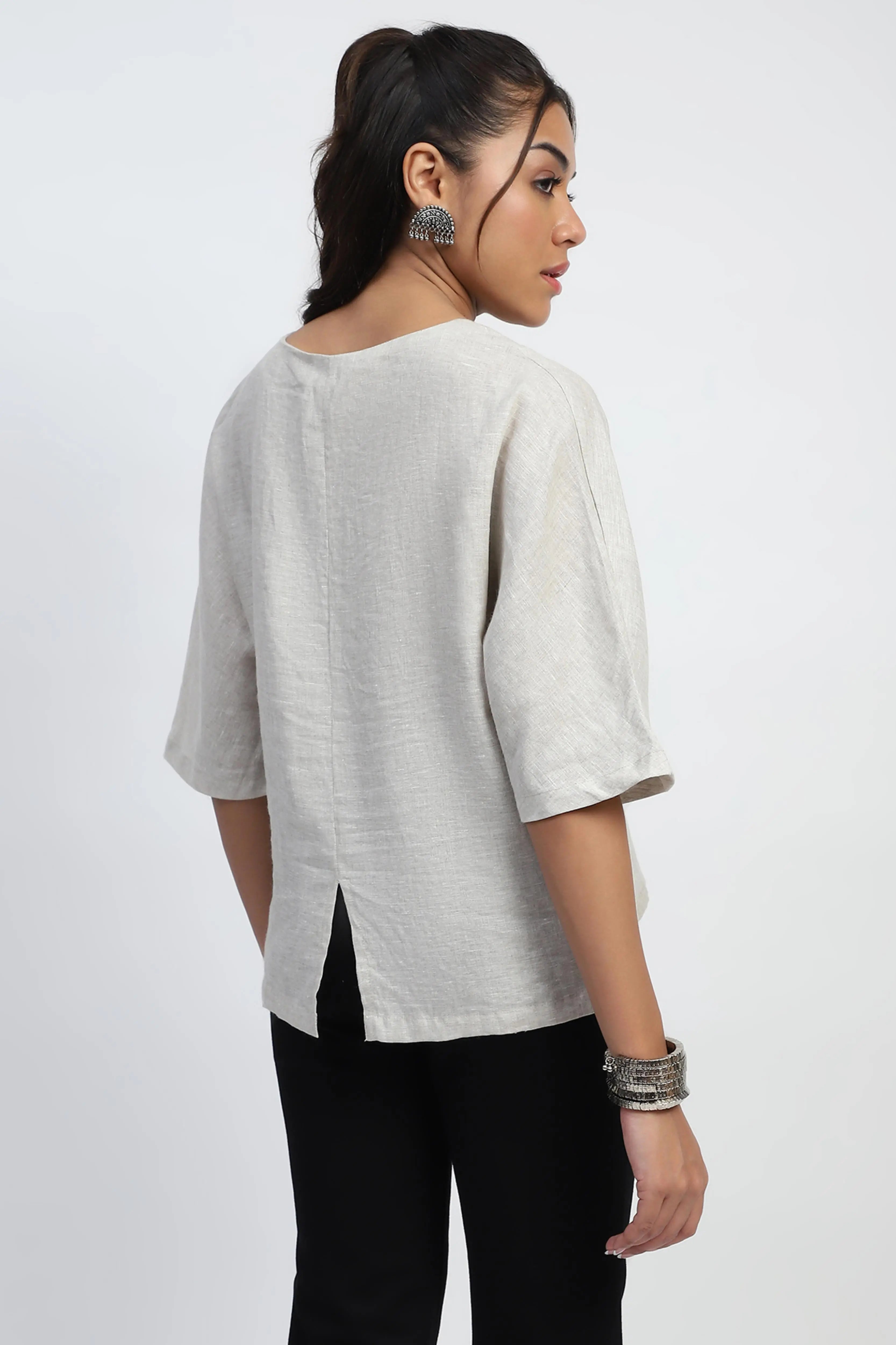 Natural Embellished Linen Boxy Fit Top - Global Republic