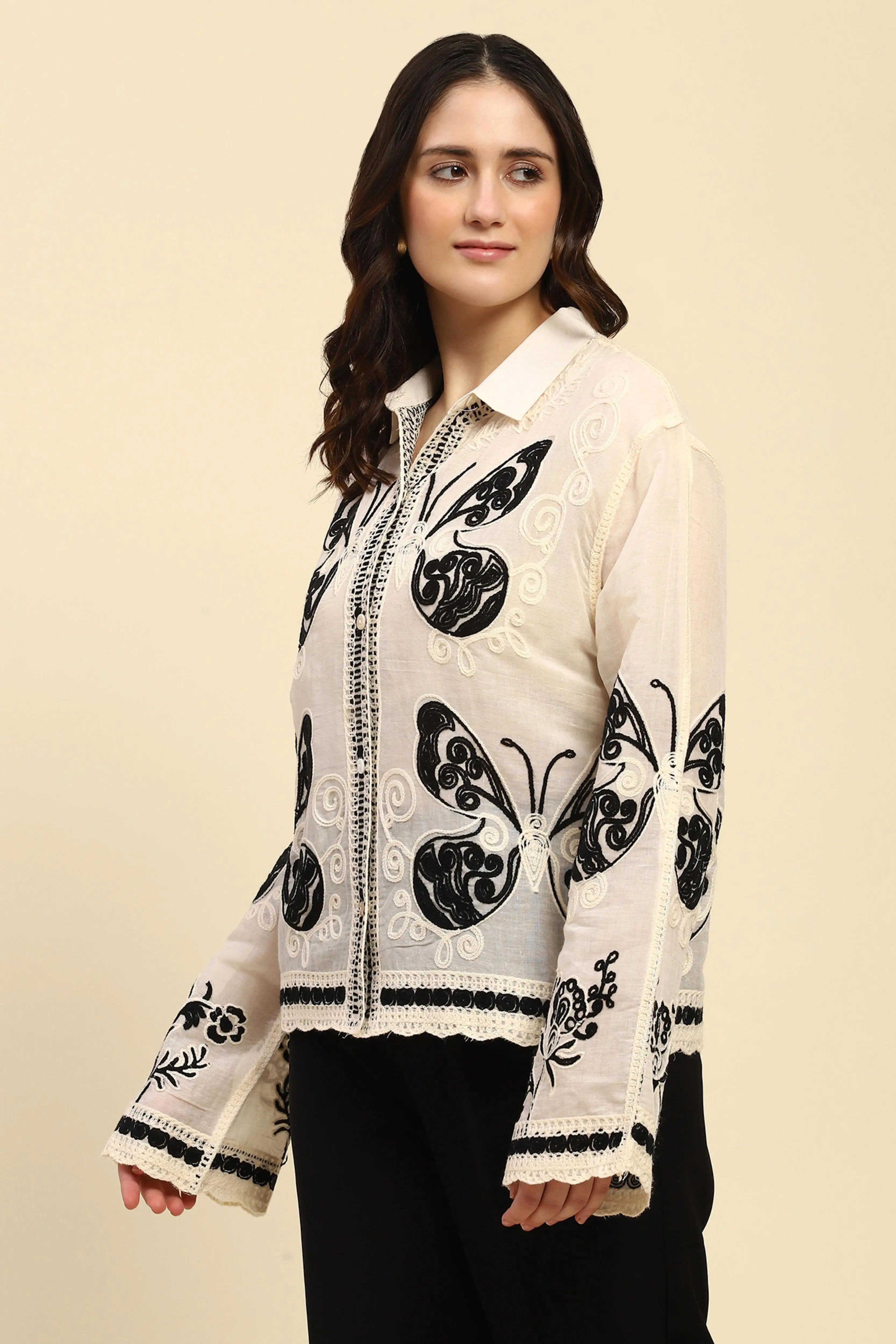 Cream & Black Embroidered Cotton Shirt - Global Republic
