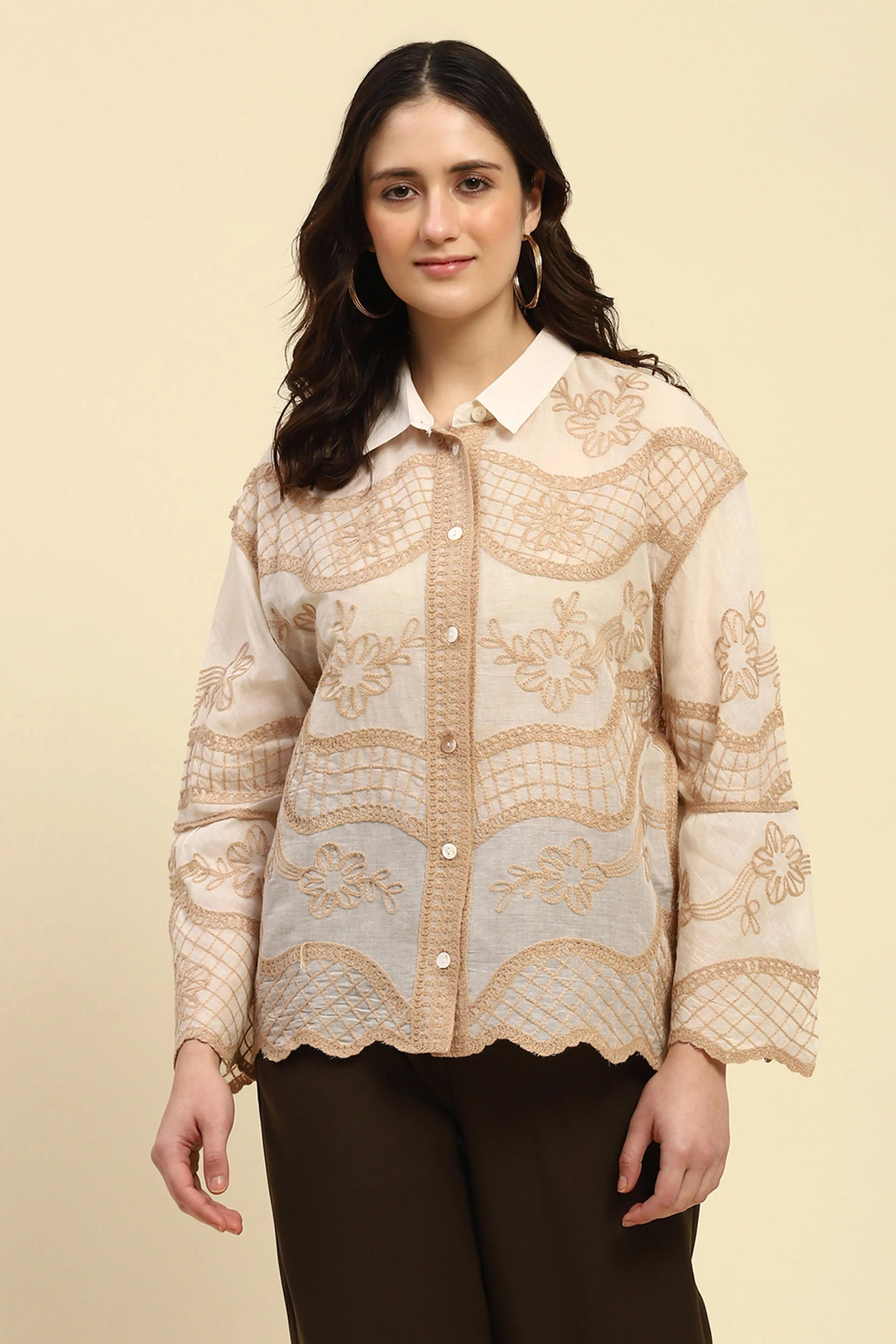Cream & Beige Embroidered Cotton Shirt - Global Republic