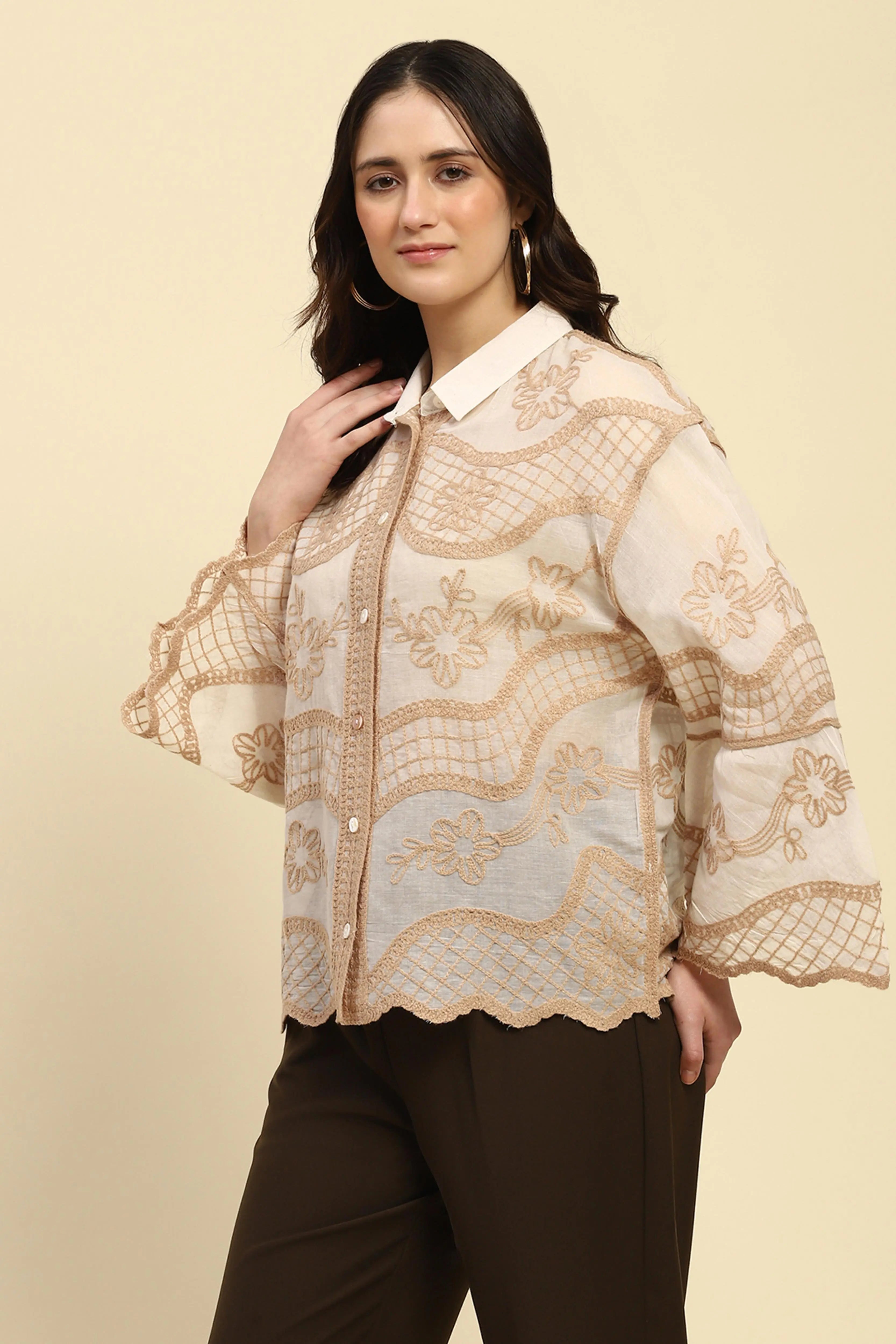 Cream & Beige Embroidered Cotton Shirt - Global Republic