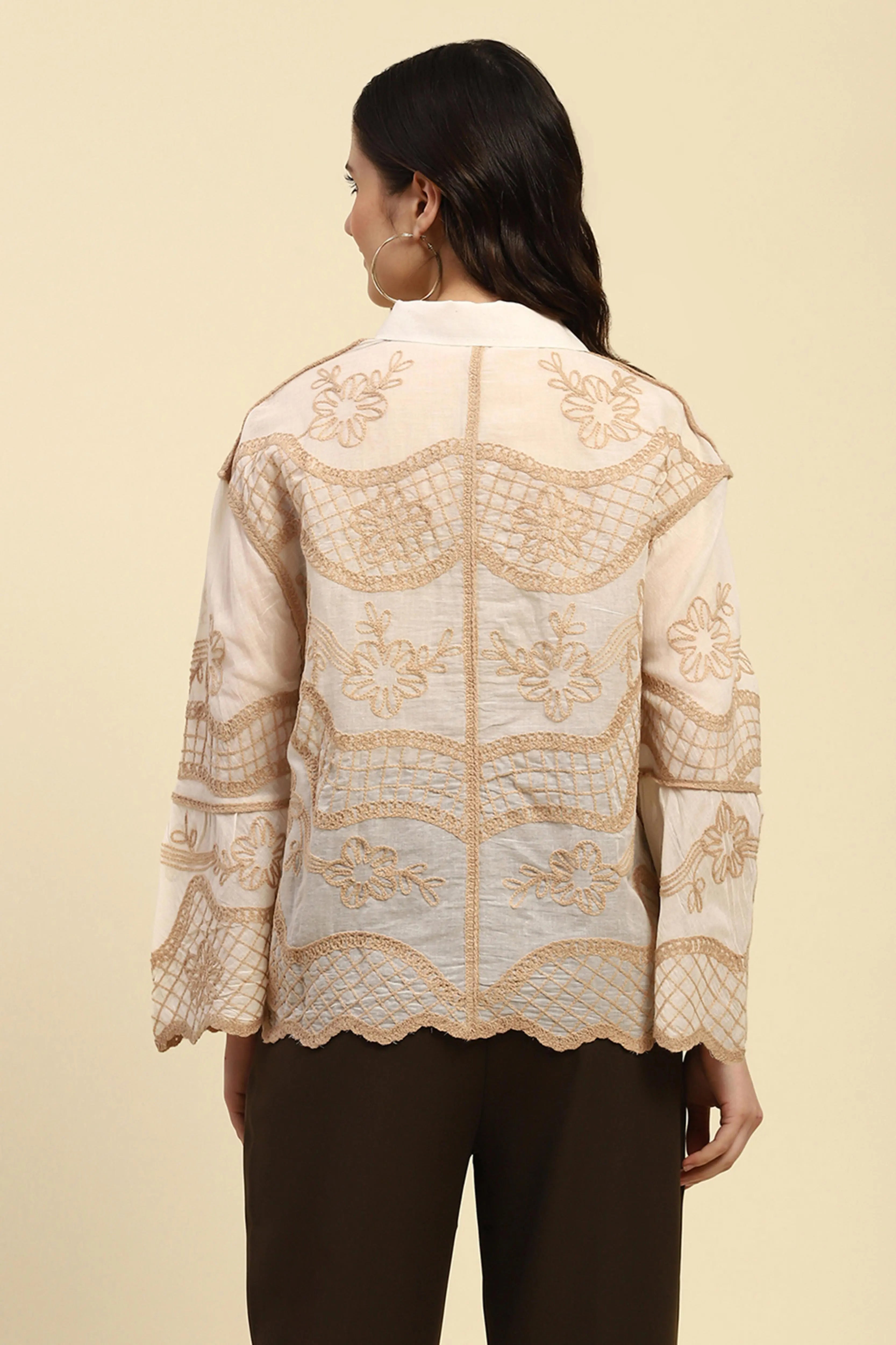 Cream & Beige Embroidered Cotton Shirt - Global Republic