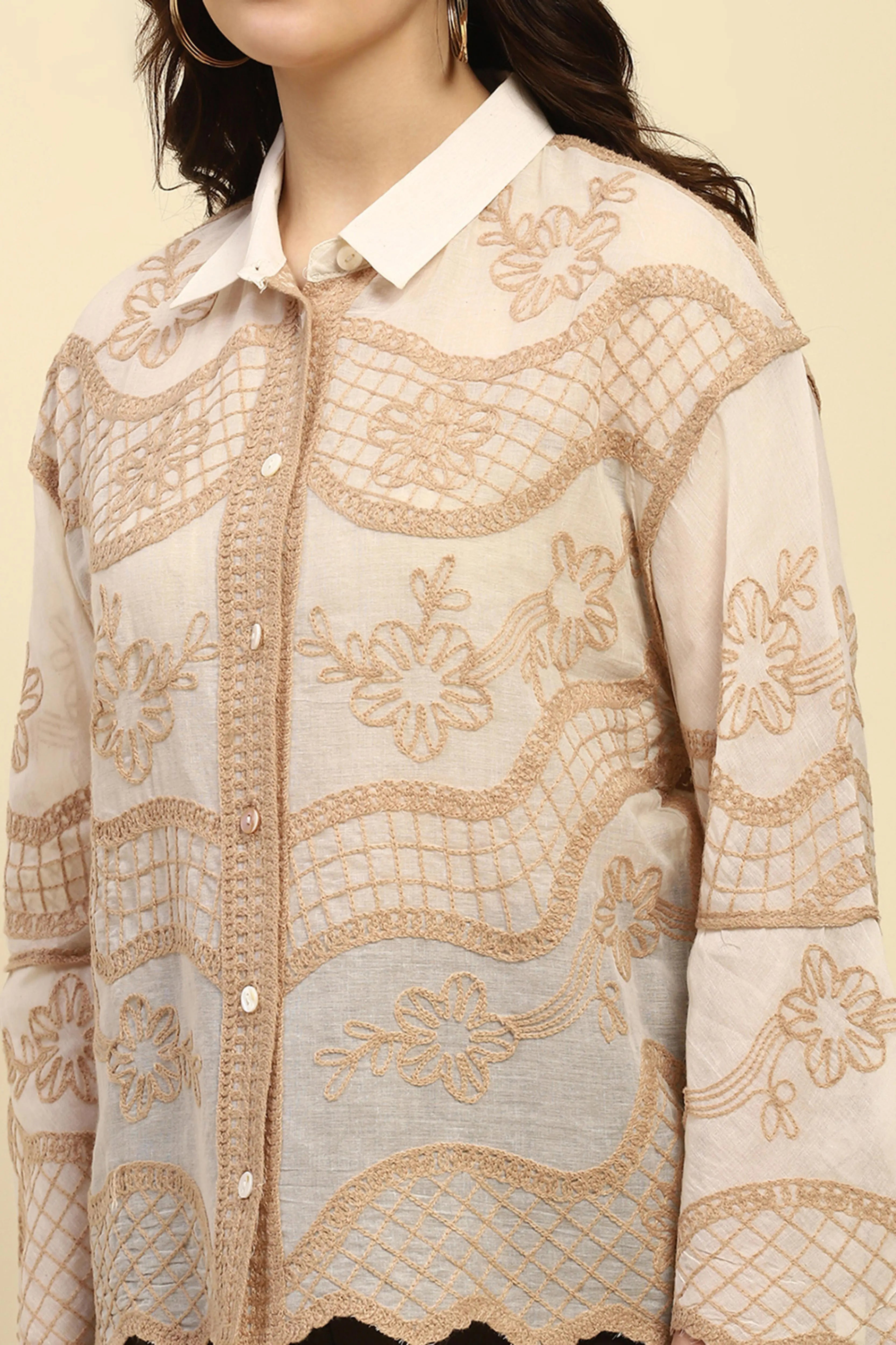 Cream & Beige Embroidered Cotton Shirt - Global Republic