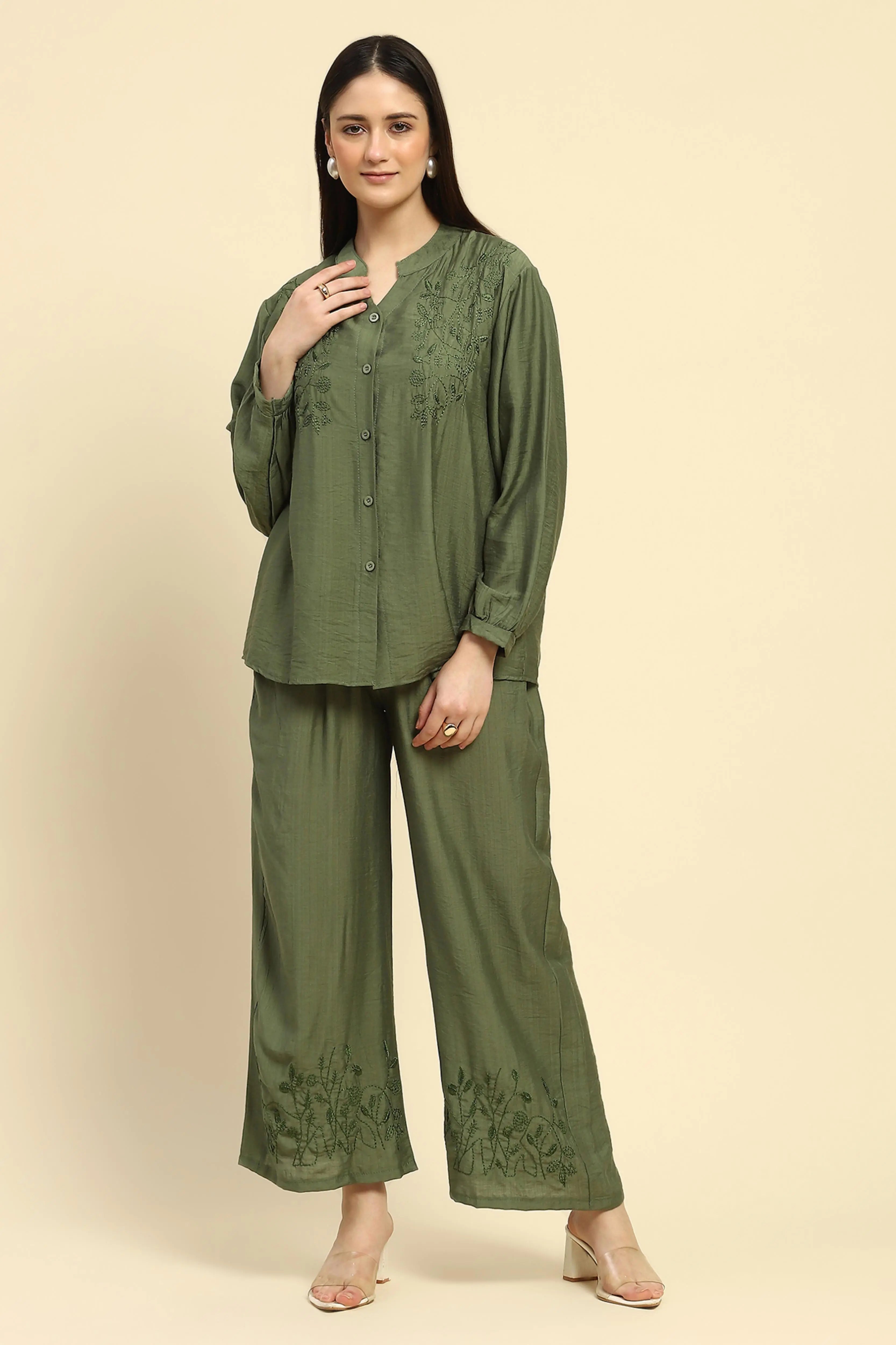 Green Embroidered Rayon Nightsuit - Global Republic