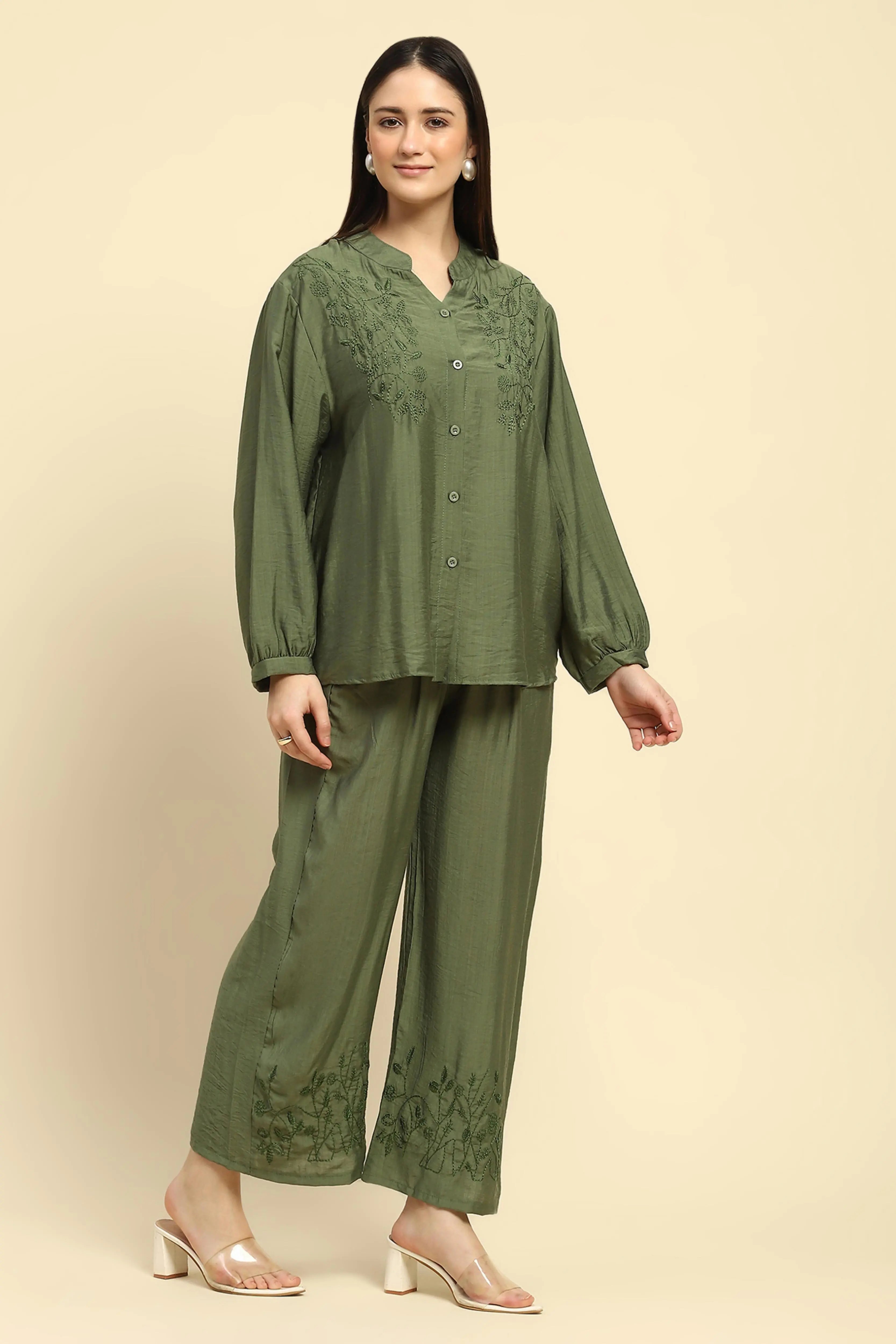 Green Embroidered Rayon Nightsuit - Global Republic
