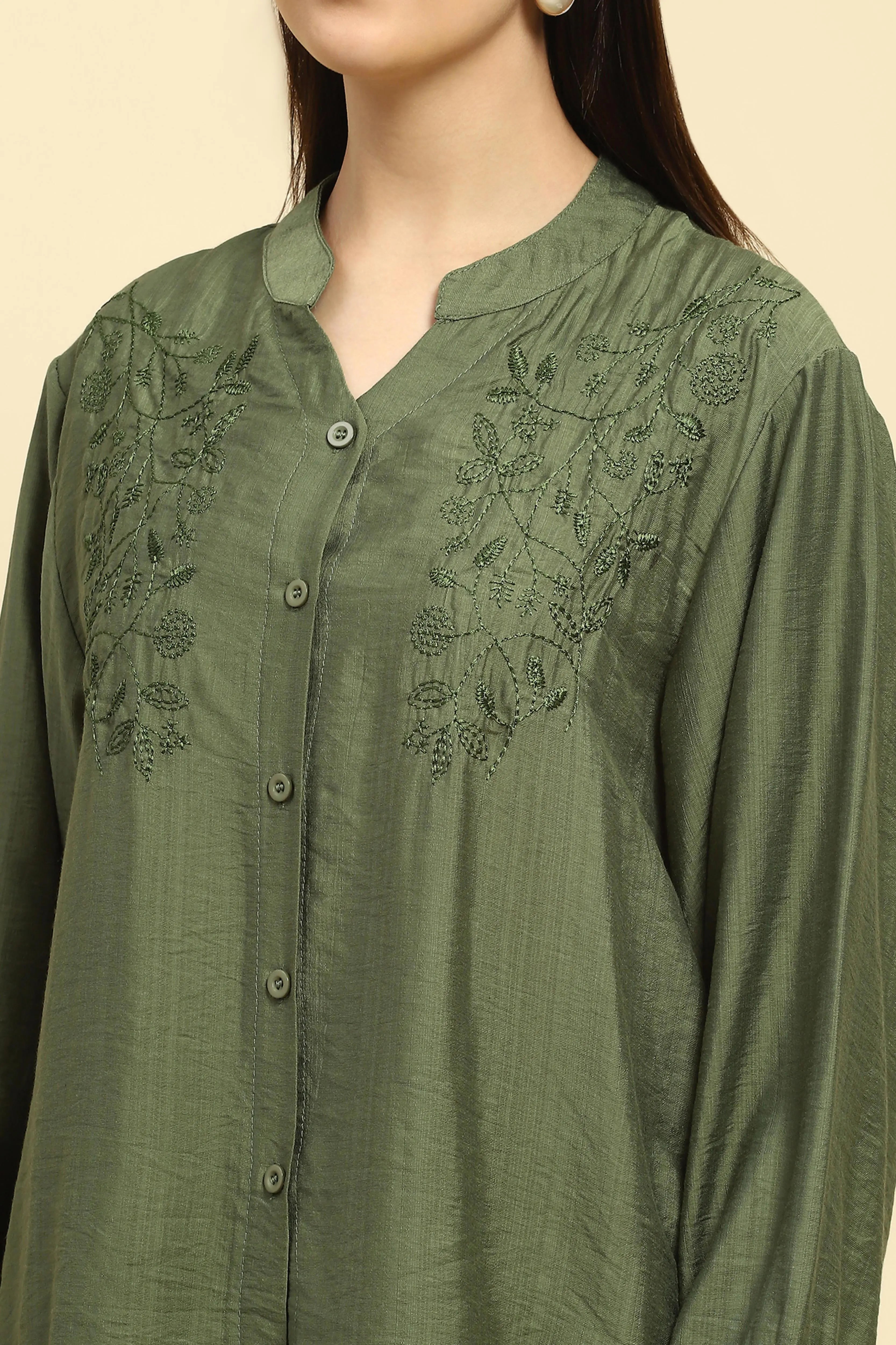 Green Embroidered Rayon Nightsuit - Global Republic