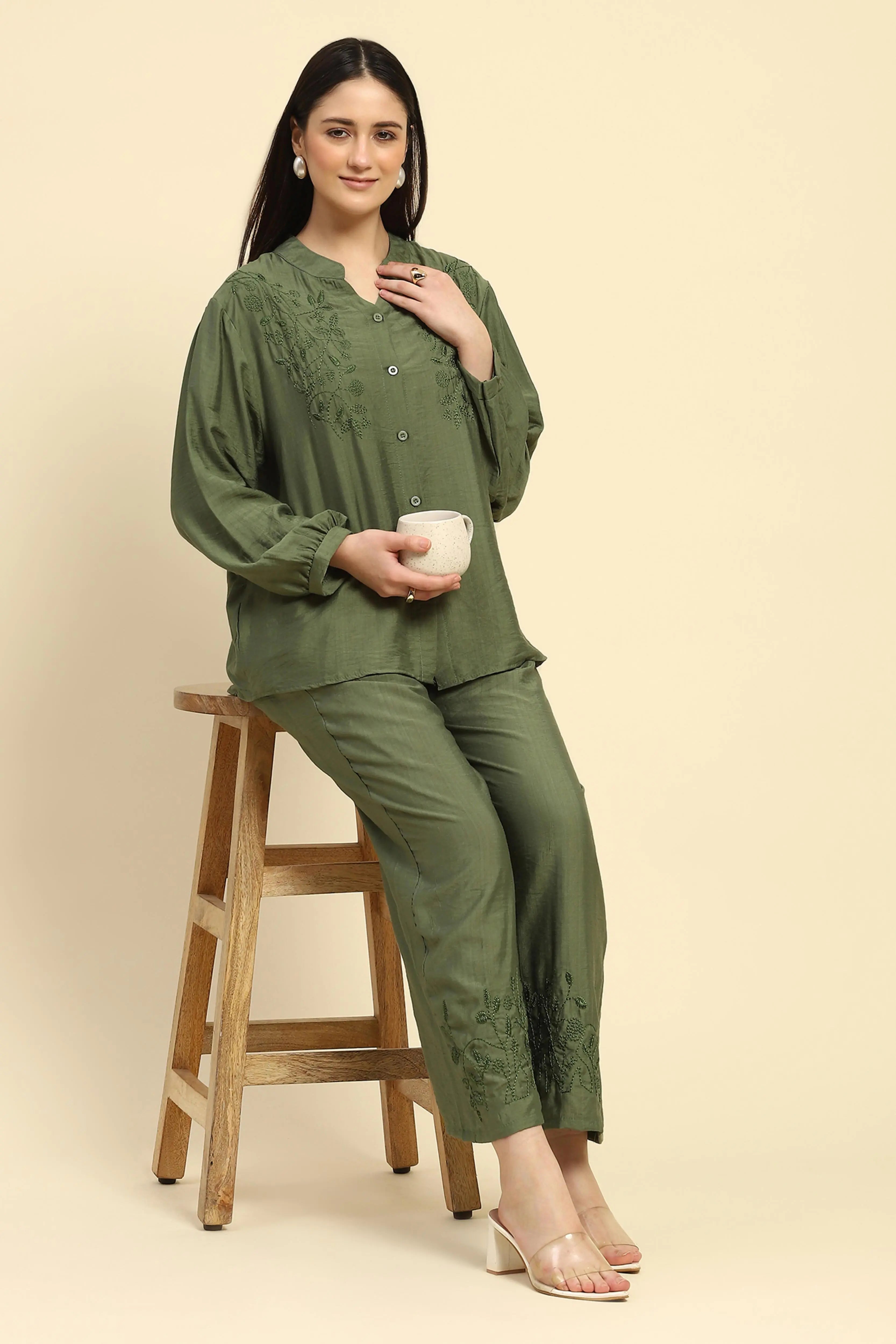 Green Embroidered Rayon Nightsuit - Global Republic