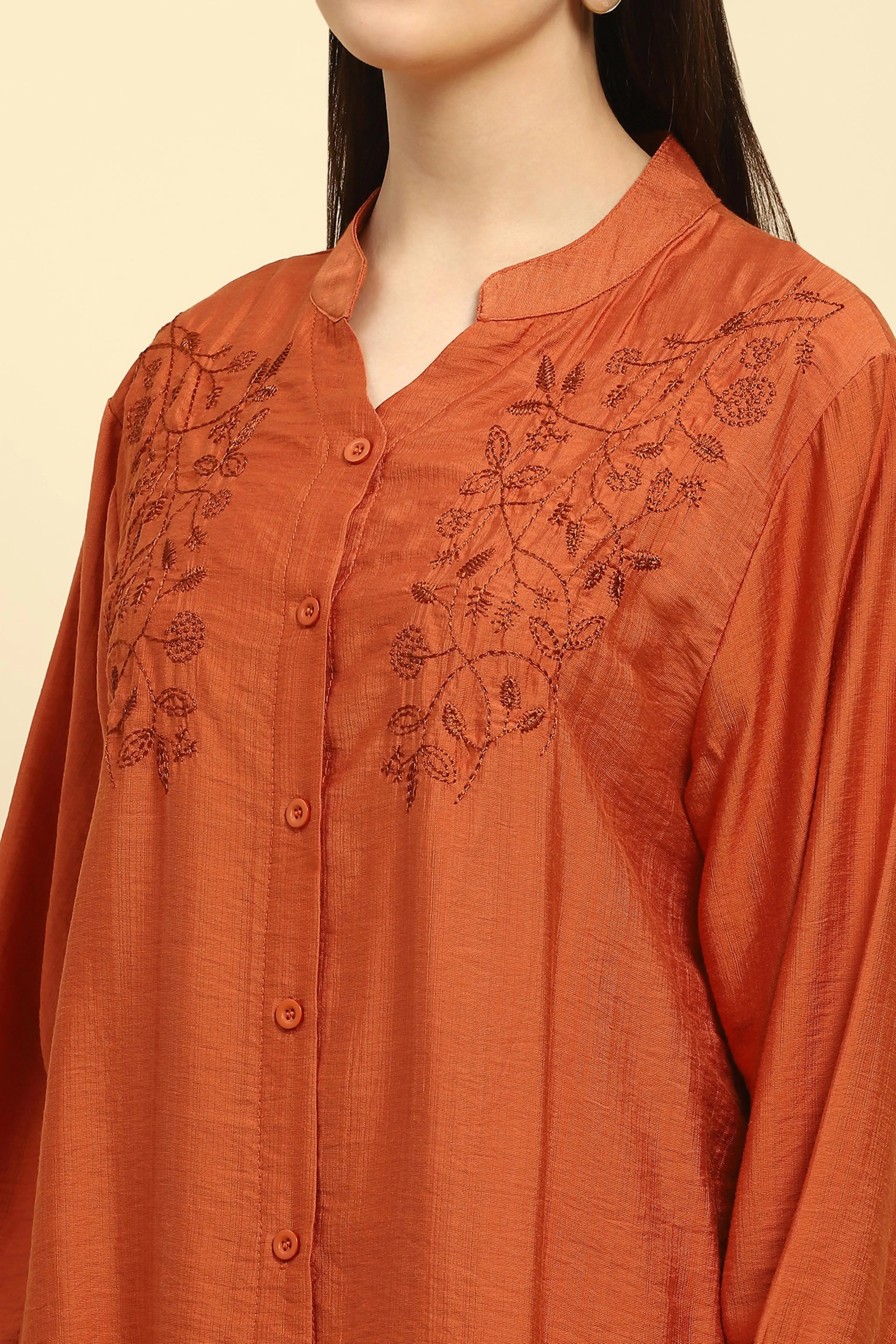 Rust Embroidered Rayon Nightsuit - Global Republic