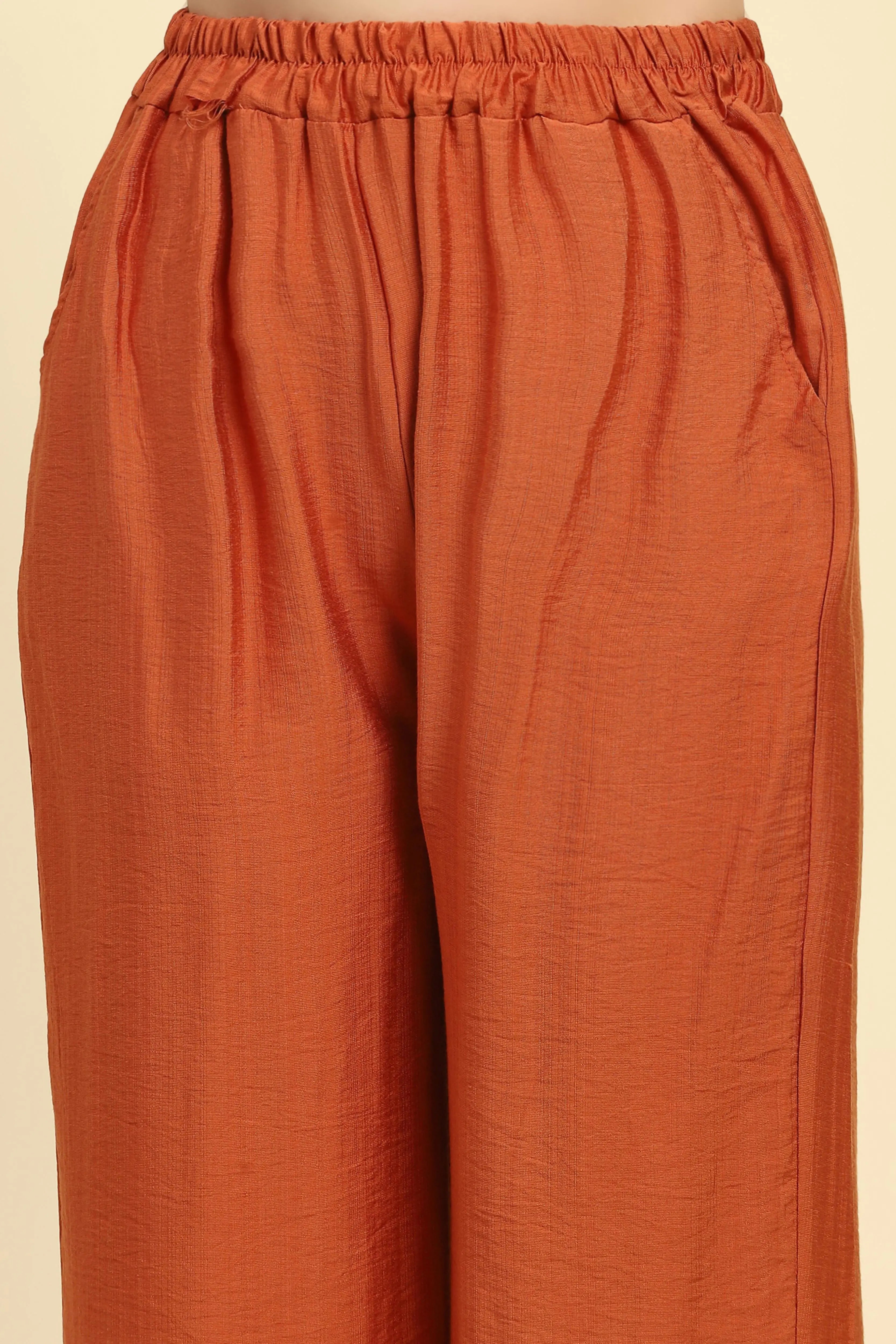 Rust Embroidered Rayon Nightsuit - Global Republic