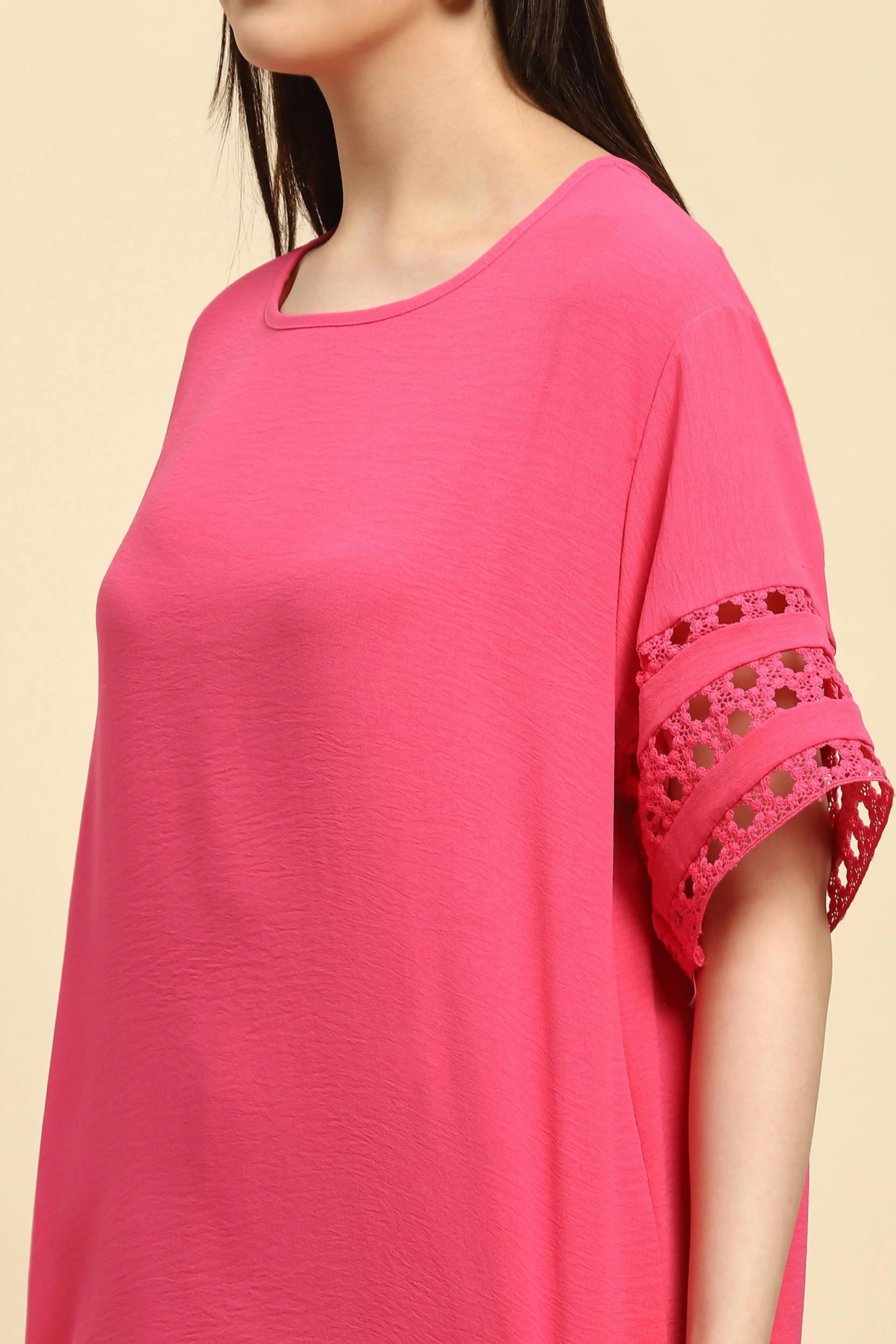 Pink Solid Lace Loose Nightsuit - Global Republic