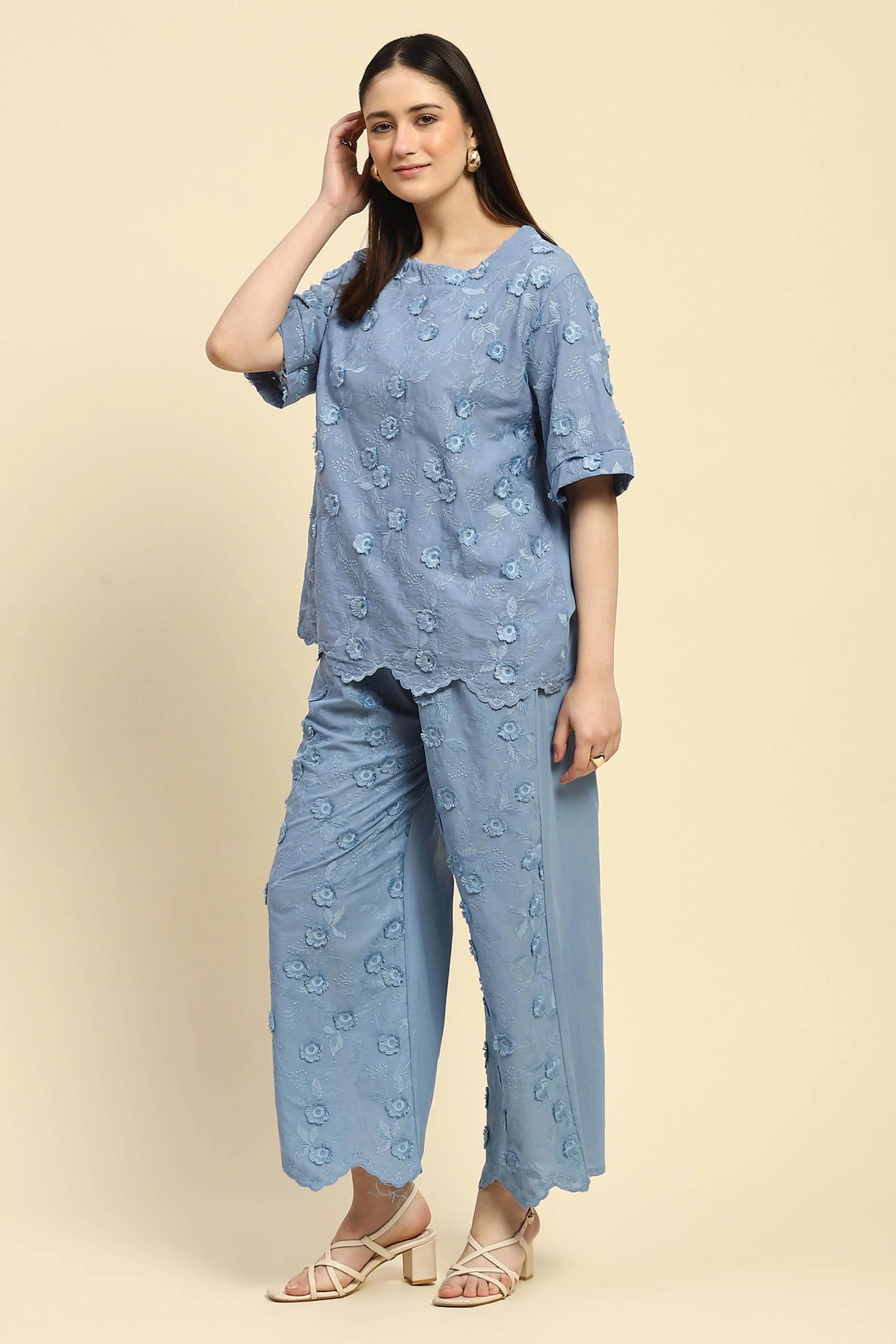 Blue Embroidered Cotton Nightsuit - Global Republic