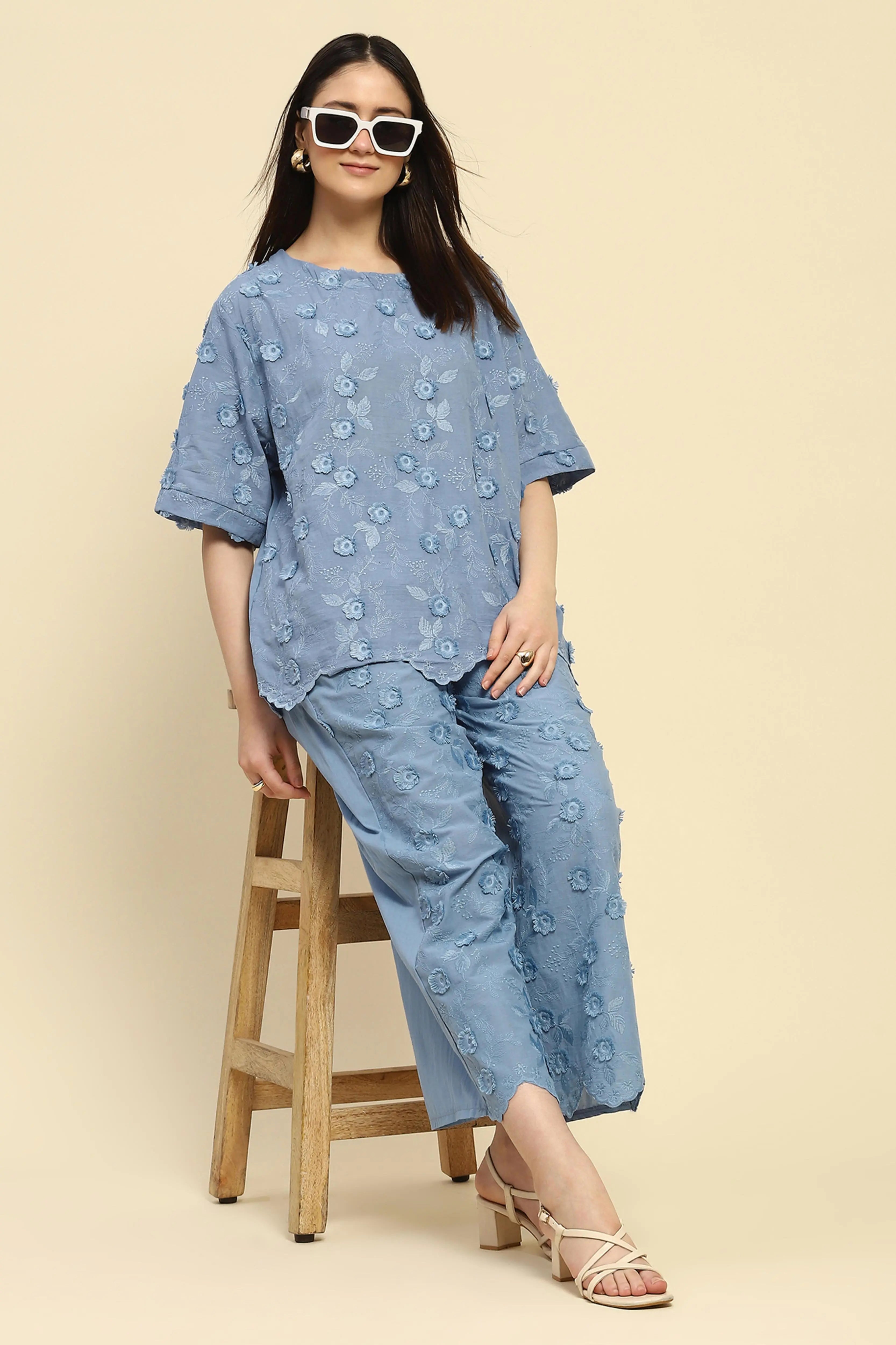 Blue Embroidered Cotton Nightsuit - Global Republic