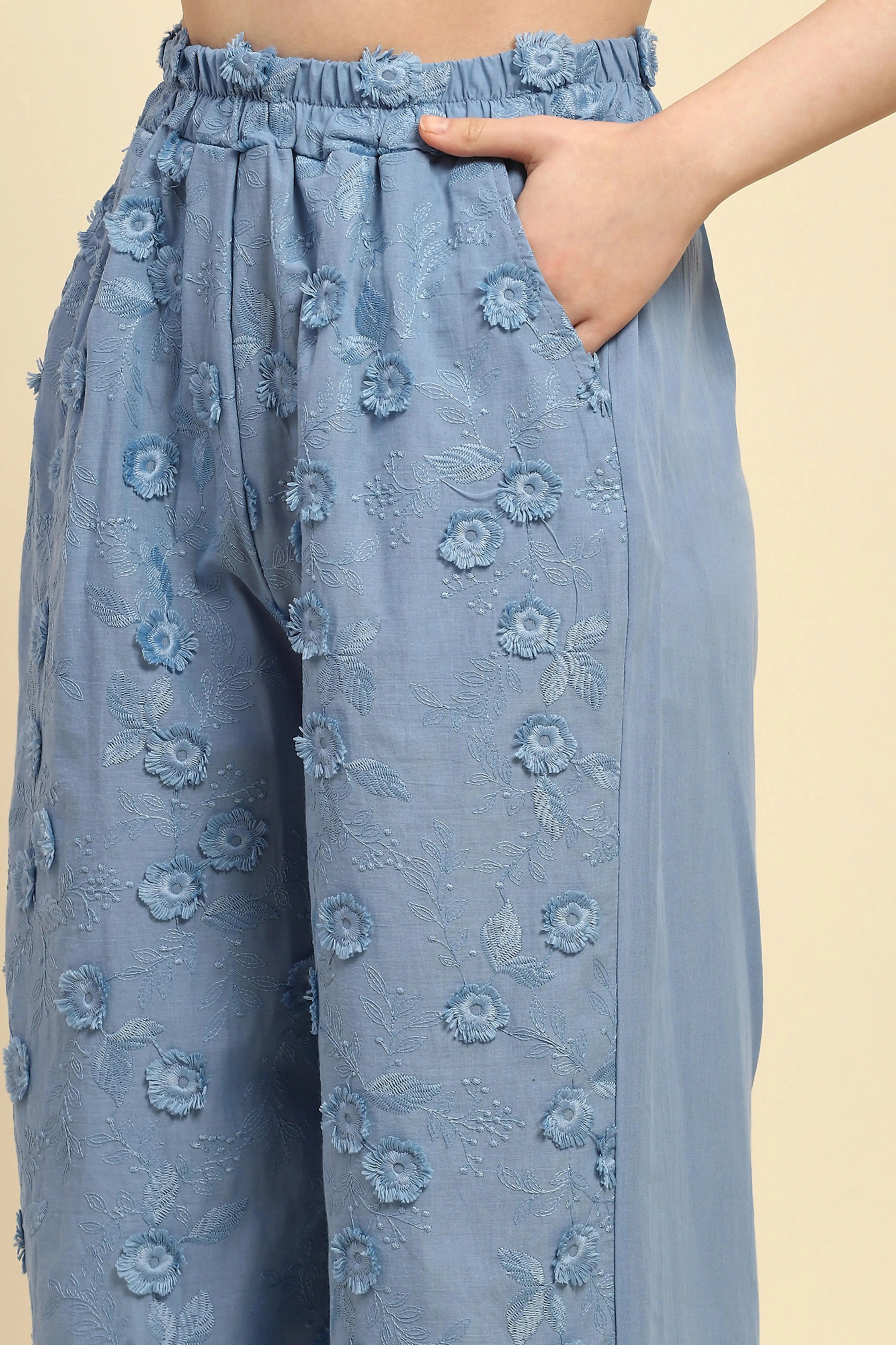 Blue Embroidered Cotton Nightsuit - Global Republic